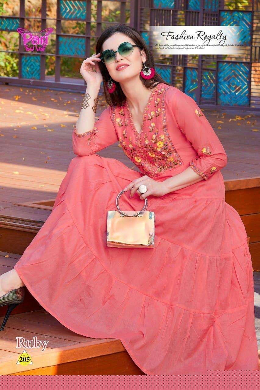 RUBY BY PARI 201 TO 208 SERIES DESIGNER BEAUTIFUL STYLISH FANCY COLORFUL PARTY WEAR & OCCASIONAL WEAR COTTON MAL GOWNS WITH DUPATTA AT WHOLESALE PRICE