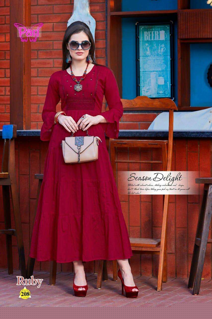 RUBY BY PARI 201 TO 208 SERIES DESIGNER BEAUTIFUL STYLISH FANCY COLORFUL PARTY WEAR & OCCASIONAL WEAR COTTON MAL GOWNS WITH DUPATTA AT WHOLESALE PRICE