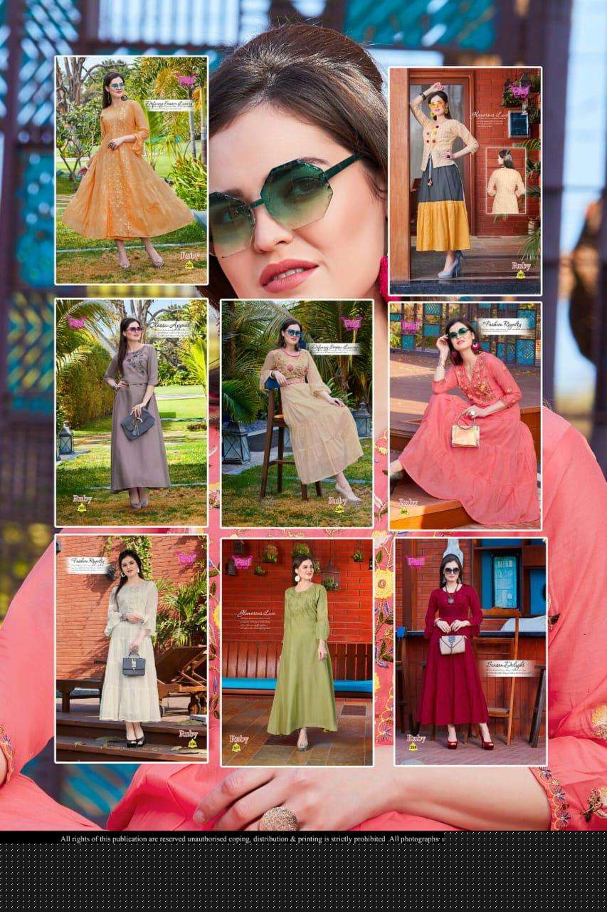 RUBY BY PARI 201 TO 208 SERIES DESIGNER BEAUTIFUL STYLISH FANCY COLORFUL PARTY WEAR & OCCASIONAL WEAR COTTON MAL GOWNS WITH DUPATTA AT WHOLESALE PRICE