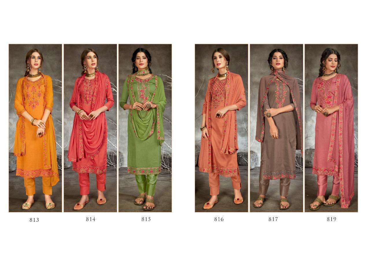 KISHNA VOL-5 BY SANSKRUTI SILK MILLS 813 TO 819 SERIES PATIYALA SUITS COLLECTION BEAUTIFUL STYLISH FANCY COLORFUL PARTY WEAR & ETHNIC WEAR PURE JAM SILK WITH HEAVY EMBROIDERY DRESSES AT WHOLESALE PRICE
