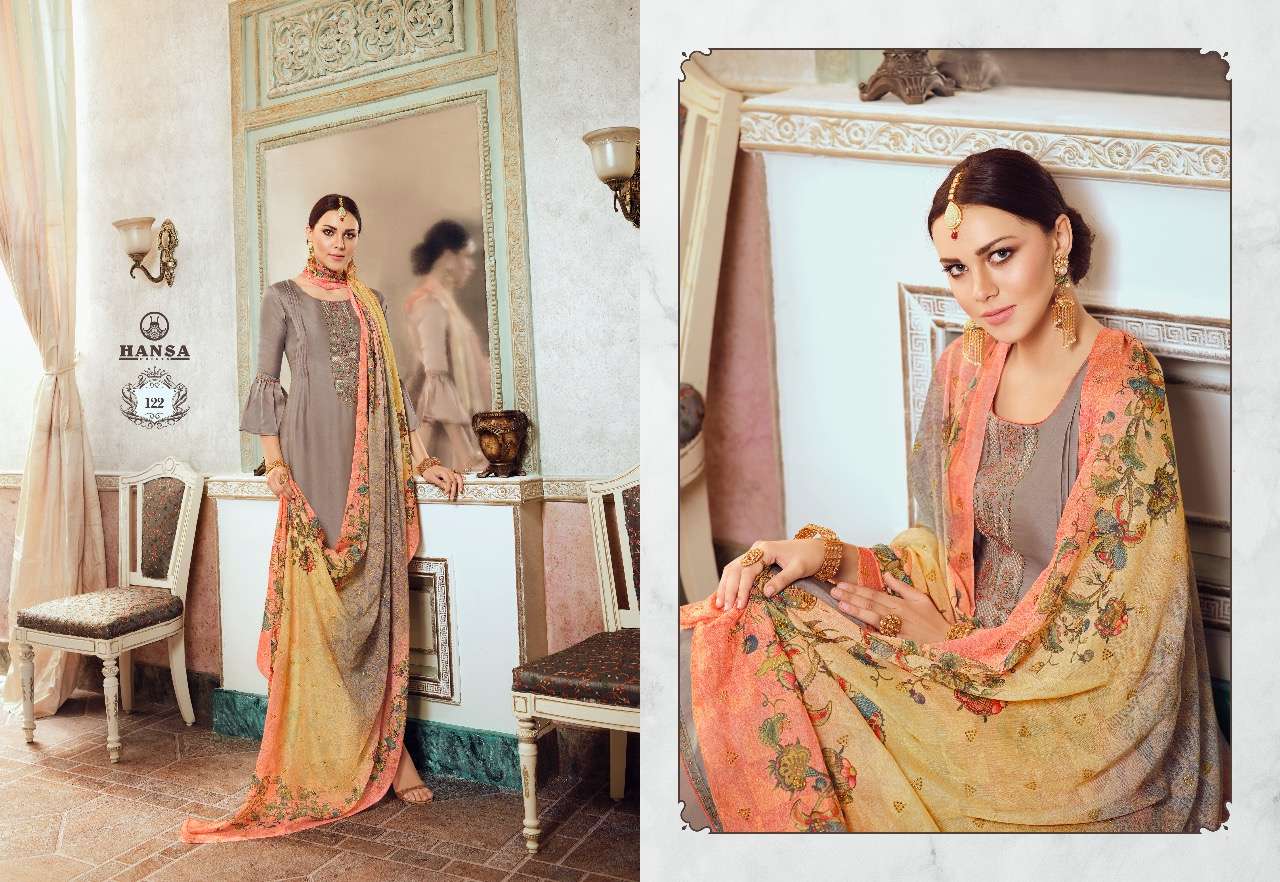 Husna Ara Hridya By Hansa Print 121 To To 128 Series Designer Suits Collection Beautiful Stylish Fancy Colorful Party Wear & Ethnic Wear Satin Georgette With Embroidery Dresses At Wholesale Price