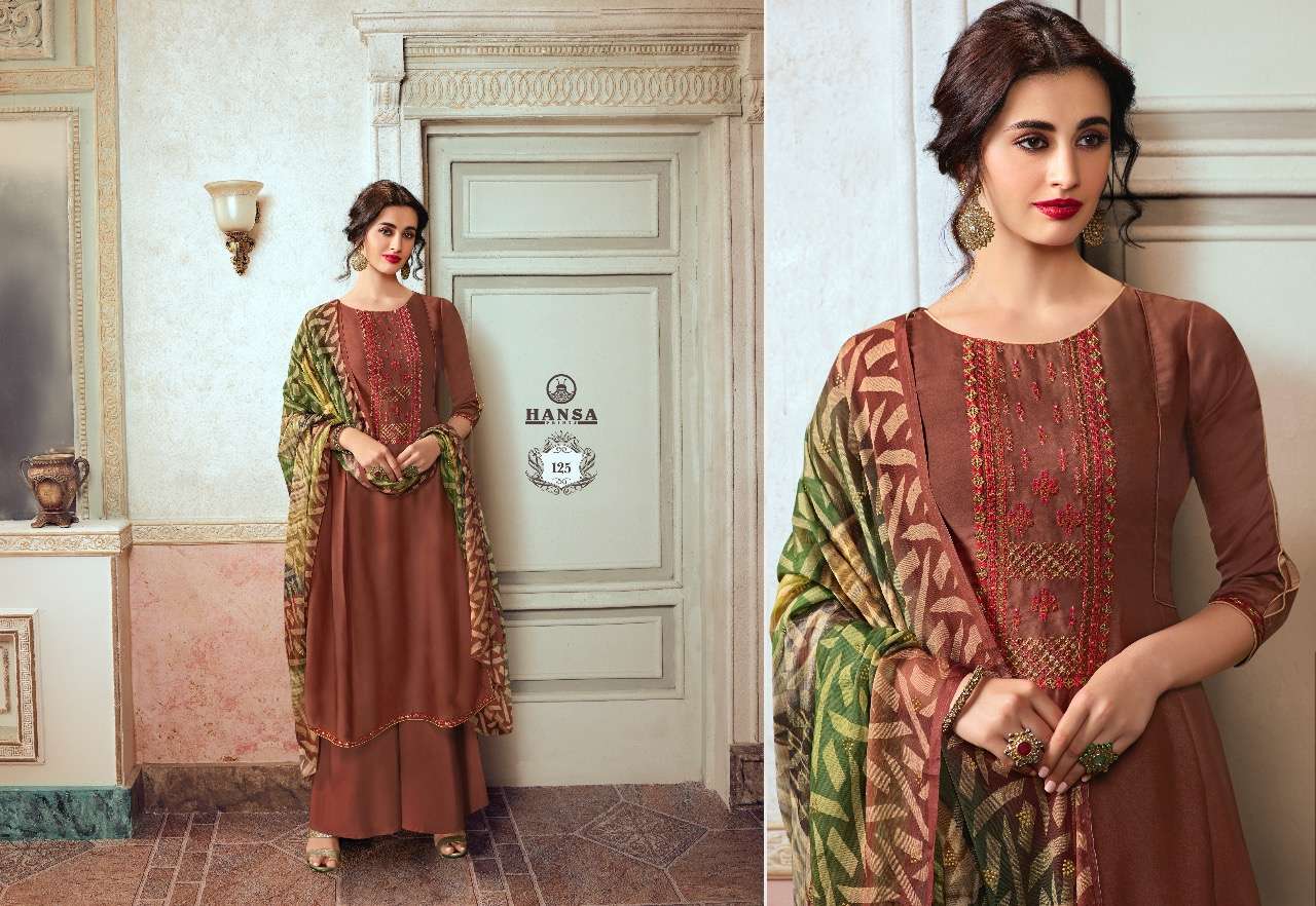 Husna Ara Hridya By Hansa Print 121 To To 128 Series Designer Suits Collection Beautiful Stylish Fancy Colorful Party Wear & Ethnic Wear Satin Georgette With Embroidery Dresses At Wholesale Price