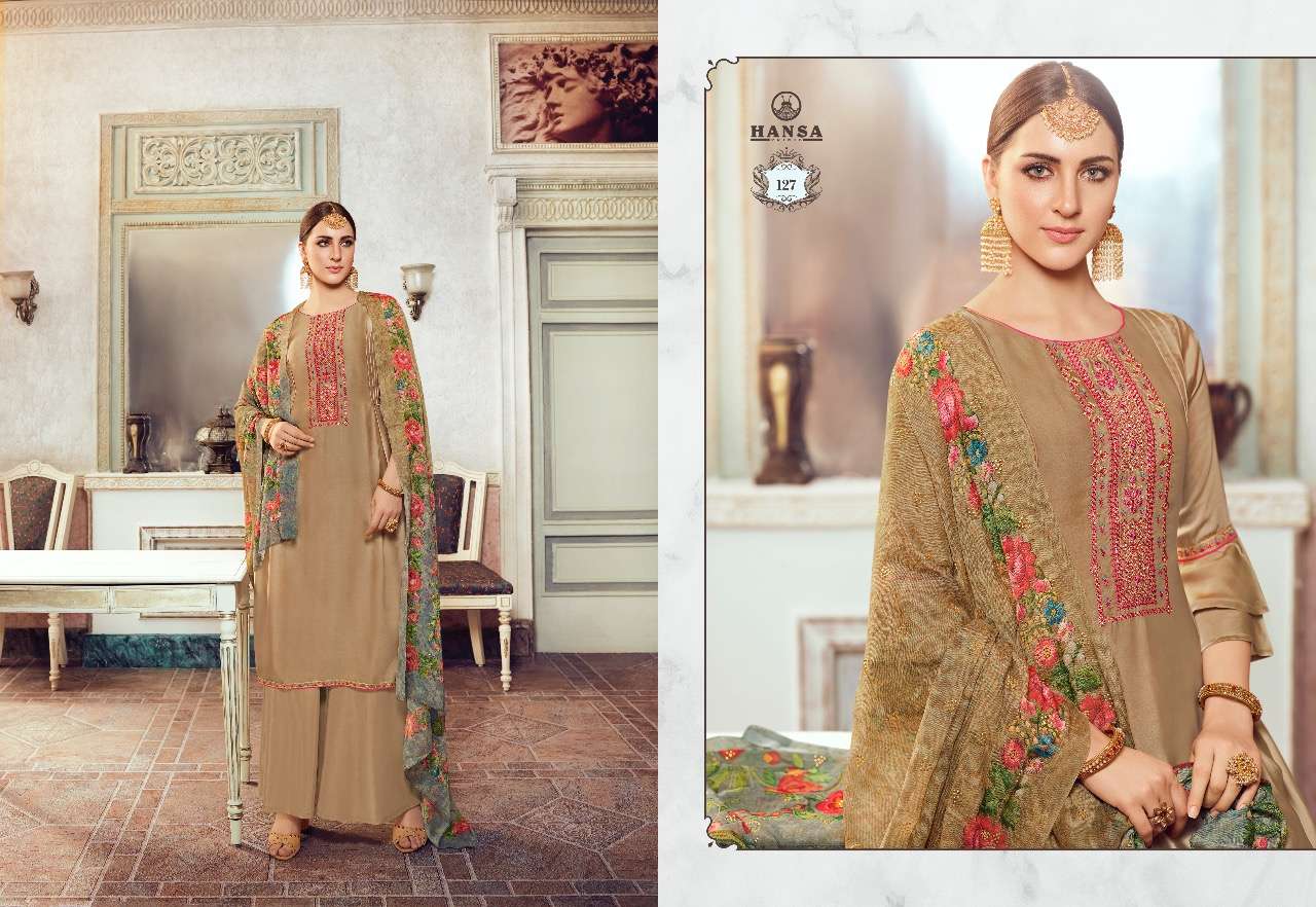 Husna Ara Hridya By Hansa Print 121 To To 128 Series Designer Suits Collection Beautiful Stylish Fancy Colorful Party Wear & Ethnic Wear Satin Georgette With Embroidery Dresses At Wholesale Price