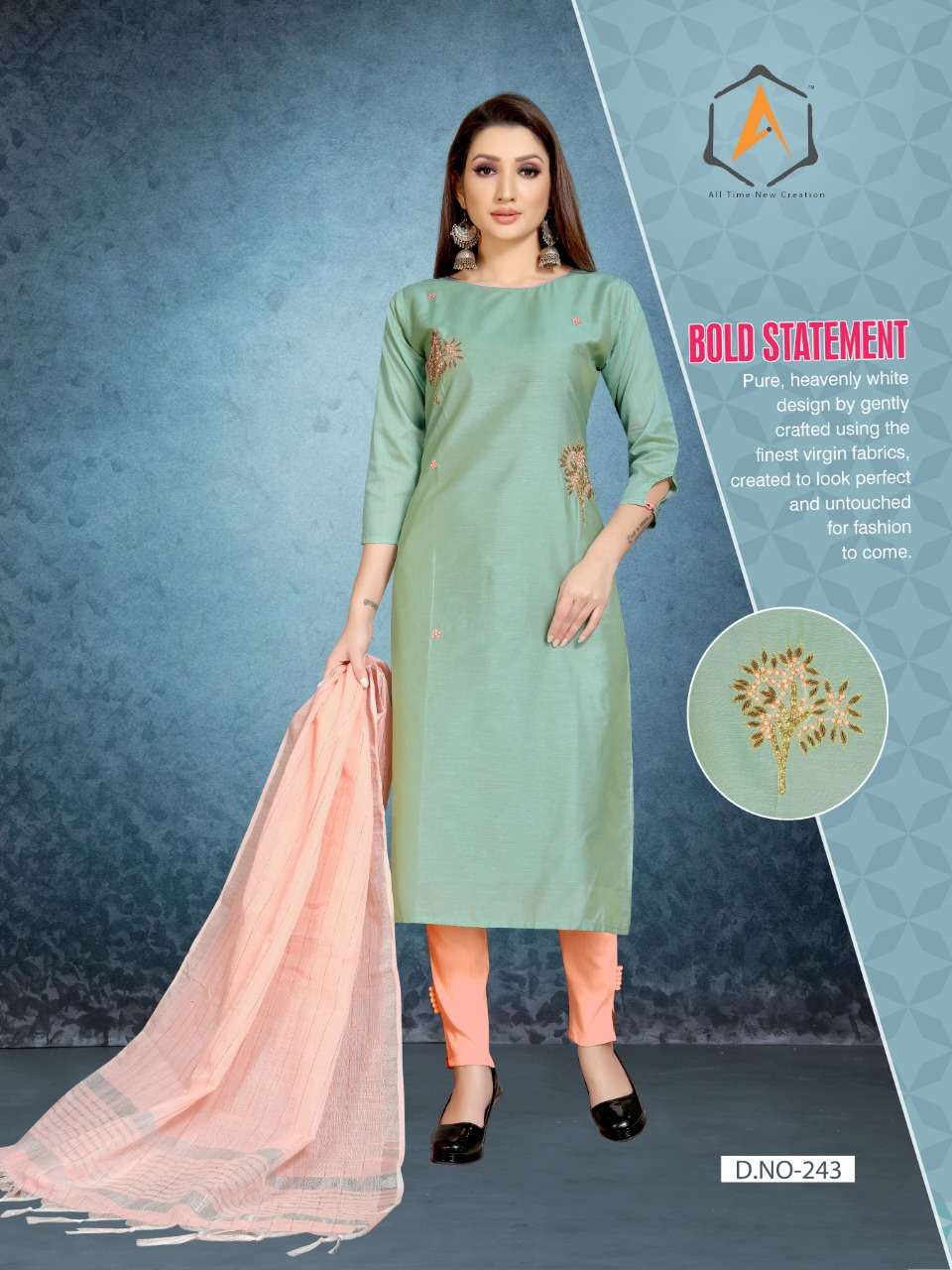 NAZAKAT BY APPLE KURTI 240 TO 243 SERIES BEAUTIFUL COLORFUL STYLISH FANCY CASUAL WEAR & ETHNIC WEAR & READY TO WEAR COTTON SILK KURTIS WITH DUPATTA AT WHOLESALE PRICE