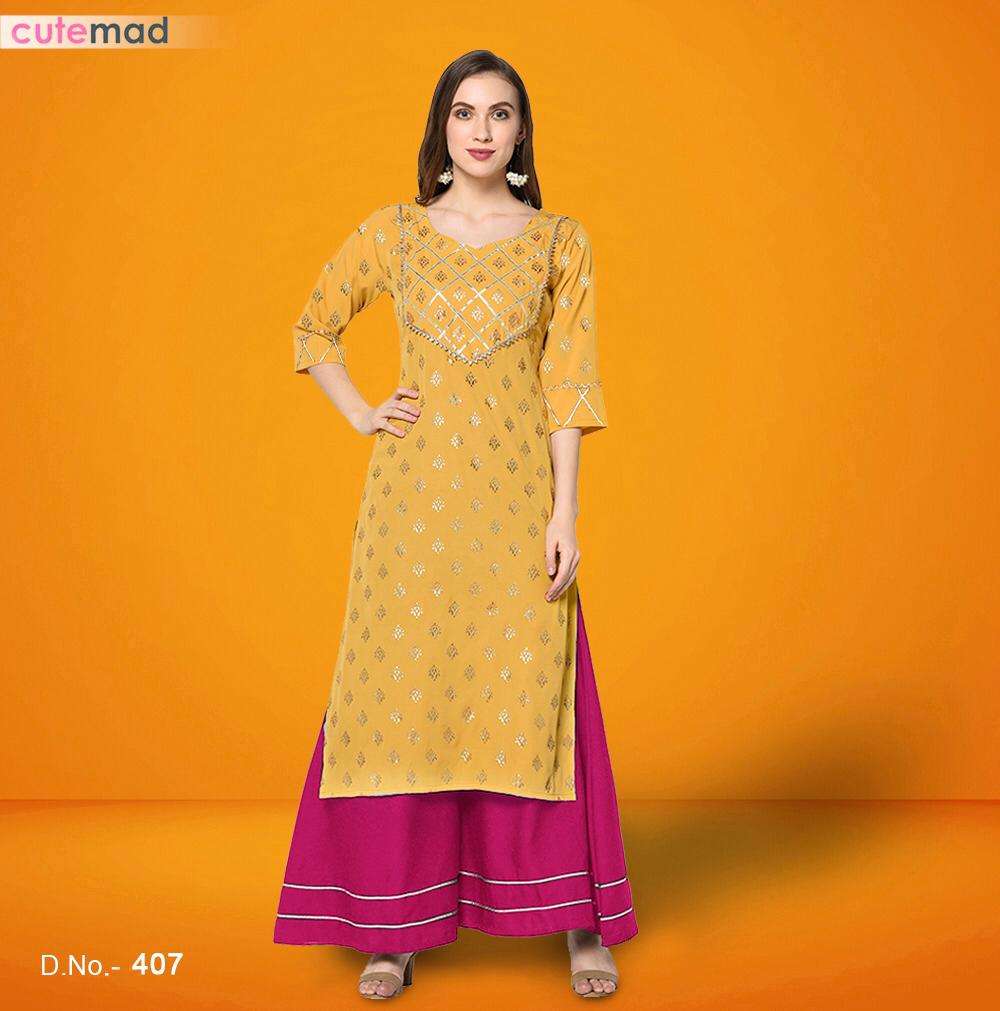 CUTEMADE VOL-4 BY KESARI EXPORTS 401 TO 408 SERIES BEAUTIFUL STYLISH FANCY COLORFUL CASUAL WEAR & ETHNIC WEAR AMERICAN CREPE KURTIS WITH BOTTOM AT WHOLESALE PRICE
