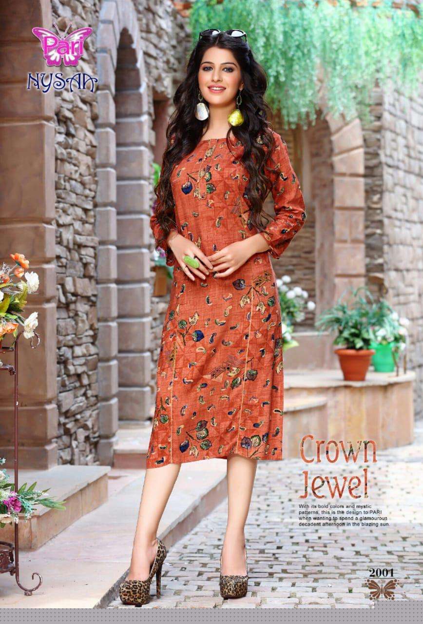 NYSAA VOL-2 BY PARI 2001 TO 2008 SERIES BEAUTIFUL STYLISH FANCY COLORFUL CASUAL WEAR & ETHNIC WEAR RAYON 14 KG PRINTED KURTIS AT WHOLESALE PRICE