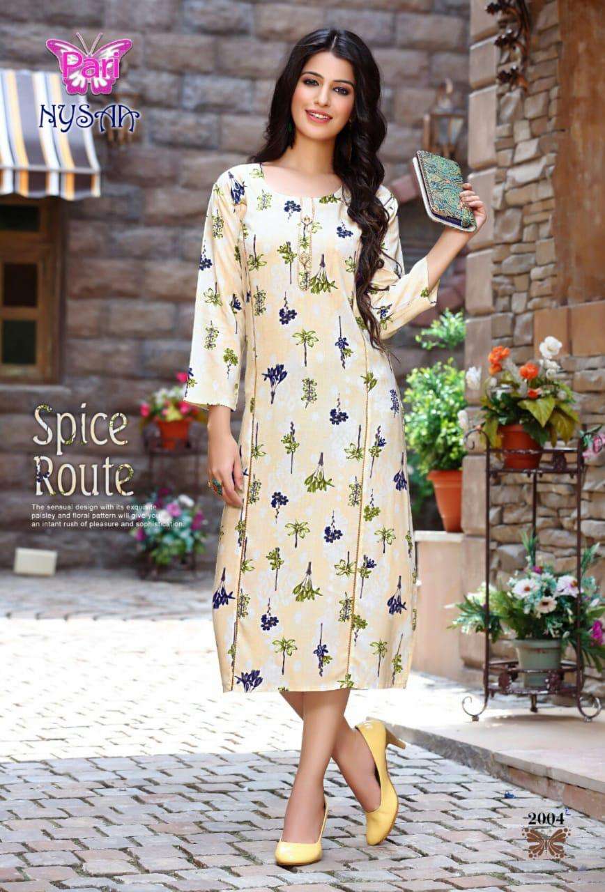 NYSAA VOL-2 BY PARI 2001 TO 2008 SERIES BEAUTIFUL STYLISH FANCY COLORFUL CASUAL WEAR & ETHNIC WEAR RAYON 14 KG PRINTED KURTIS AT WHOLESALE PRICE