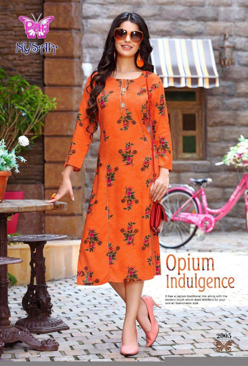 NYSAA VOL-2 BY PARI 2001 TO 2008 SERIES BEAUTIFUL STYLISH FANCY COLORFUL CASUAL WEAR & ETHNIC WEAR RAYON 14 KG PRINTED KURTIS AT WHOLESALE PRICE