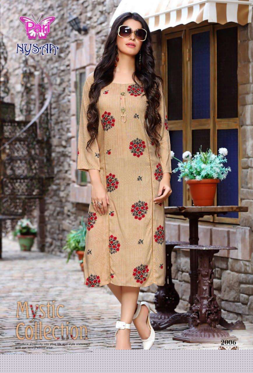 NYSAA VOL-2 BY PARI 2001 TO 2008 SERIES BEAUTIFUL STYLISH FANCY COLORFUL CASUAL WEAR & ETHNIC WEAR RAYON 14 KG PRINTED KURTIS AT WHOLESALE PRICE