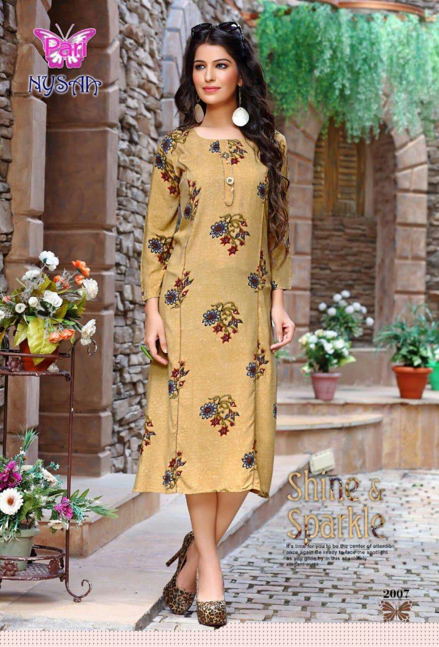 NYSAA VOL-2 BY PARI 2001 TO 2008 SERIES BEAUTIFUL STYLISH FANCY COLORFUL CASUAL WEAR & ETHNIC WEAR RAYON 14 KG PRINTED KURTIS AT WHOLESALE PRICE