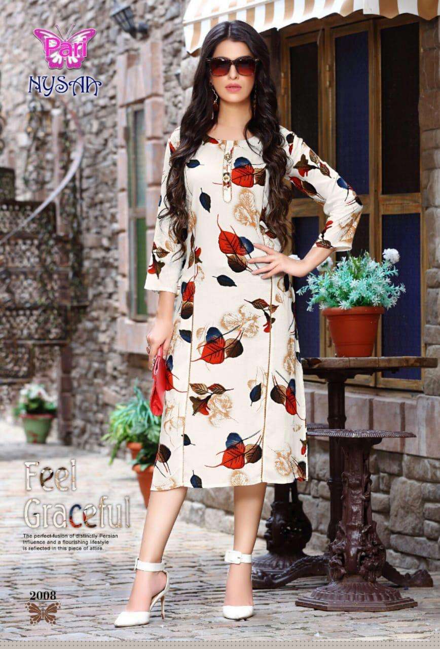 NYSAA VOL-2 BY PARI 2001 TO 2008 SERIES BEAUTIFUL STYLISH FANCY COLORFUL CASUAL WEAR & ETHNIC WEAR RAYON 14 KG PRINTED KURTIS AT WHOLESALE PRICE
