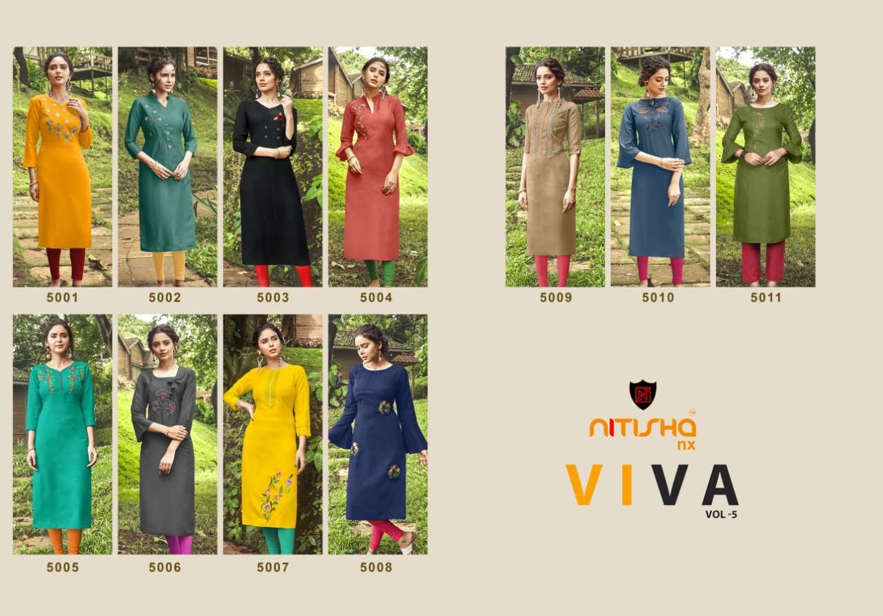 VIVA VOL-5 BY NITISHA NX 5001 TO 5011 SERIES BEAUTIFUL STYLISH FANCY COLORFUL CASUAL WEAR & ETHNIC WEAR HEAVY SOFT COTTON EMBROIDERED KURTIS AT WHOLESALE PRICE