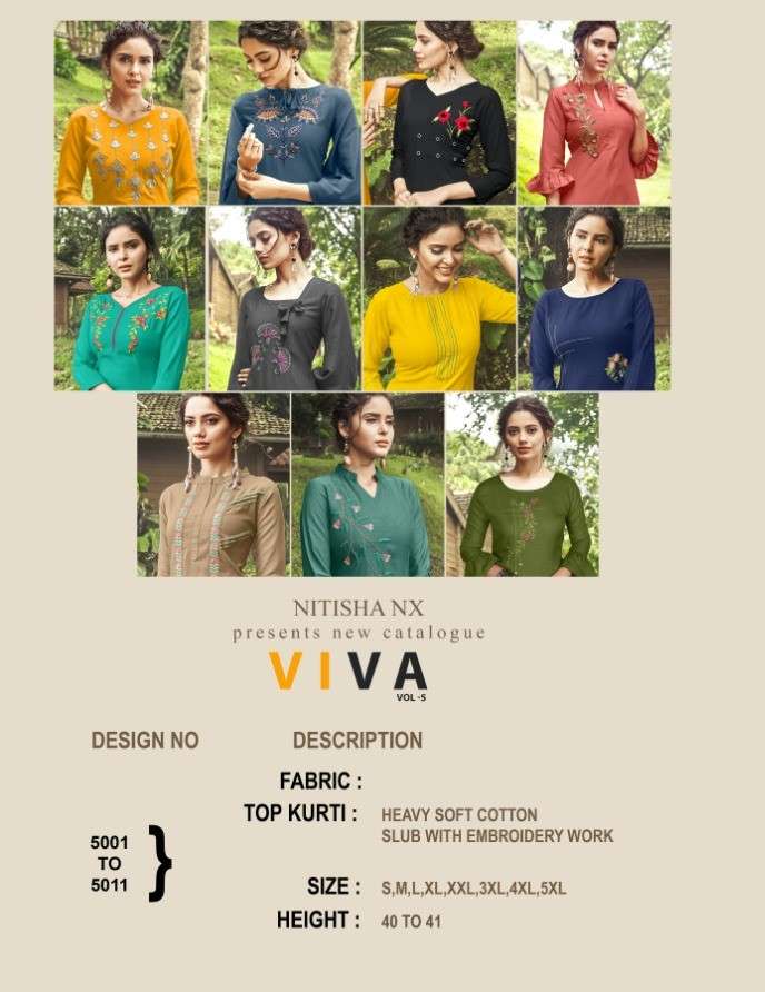 VIVA VOL-5 BY NITISHA NX 5001 TO 5011 SERIES BEAUTIFUL STYLISH FANCY COLORFUL CASUAL WEAR & ETHNIC WEAR HEAVY SOFT COTTON EMBROIDERED KURTIS AT WHOLESALE PRICE