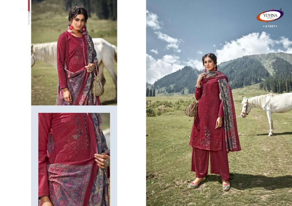 WINTER AURA BY YUVINA EXPORTS 61001 TO 61008 SERIES BEAUTIFUL SUITS STYLISH FANCY COLORFUL CASUAL WEAR & ETHNIC WEAR TOP DYED SHADARI WITH EMBROIDERY DRESSES AT WHOLESALE PRICE