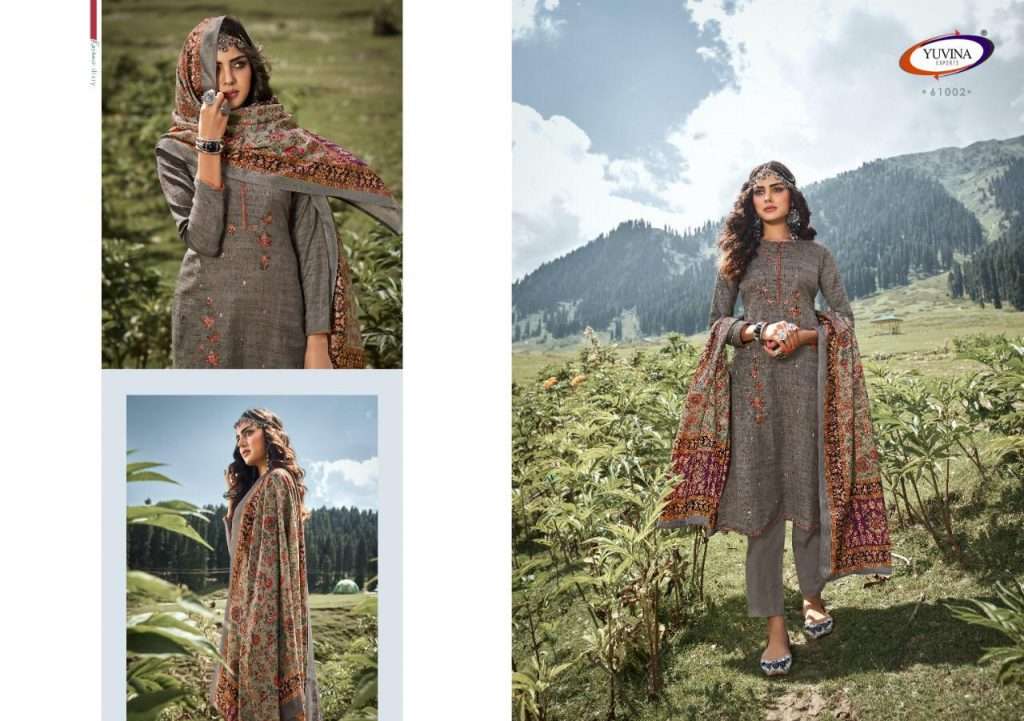WINTER AURA BY YUVINA EXPORTS 61001 TO 61008 SERIES BEAUTIFUL SUITS STYLISH FANCY COLORFUL CASUAL WEAR & ETHNIC WEAR TOP DYED SHADARI WITH EMBROIDERY DRESSES AT WHOLESALE PRICE