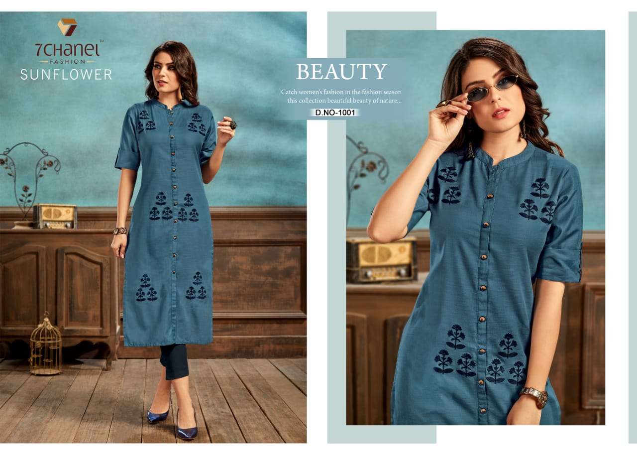 SUNFLOWER BY 7 CHANEL 1001 TO 1006 SERIES BEAUTIFUL STYLISH FANCY COLORFUL CASUAL WEAR & ETHNIC WEAR COTTON EMBROIDERED KURTIS AT WHOLESALE PRICE