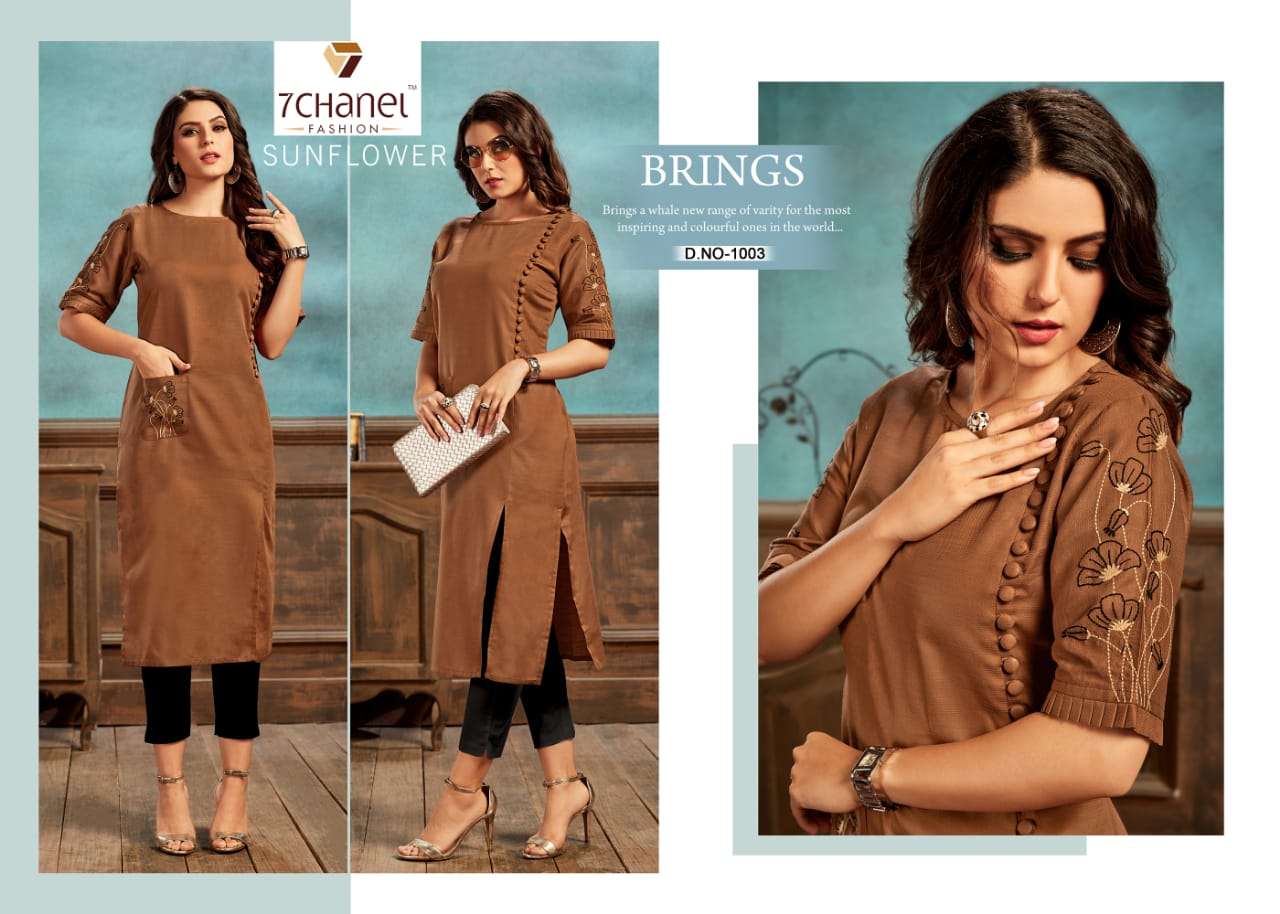 SUNFLOWER BY 7 CHANEL 1001 TO 1006 SERIES BEAUTIFUL STYLISH FANCY COLORFUL CASUAL WEAR & ETHNIC WEAR COTTON EMBROIDERED KURTIS AT WHOLESALE PRICE