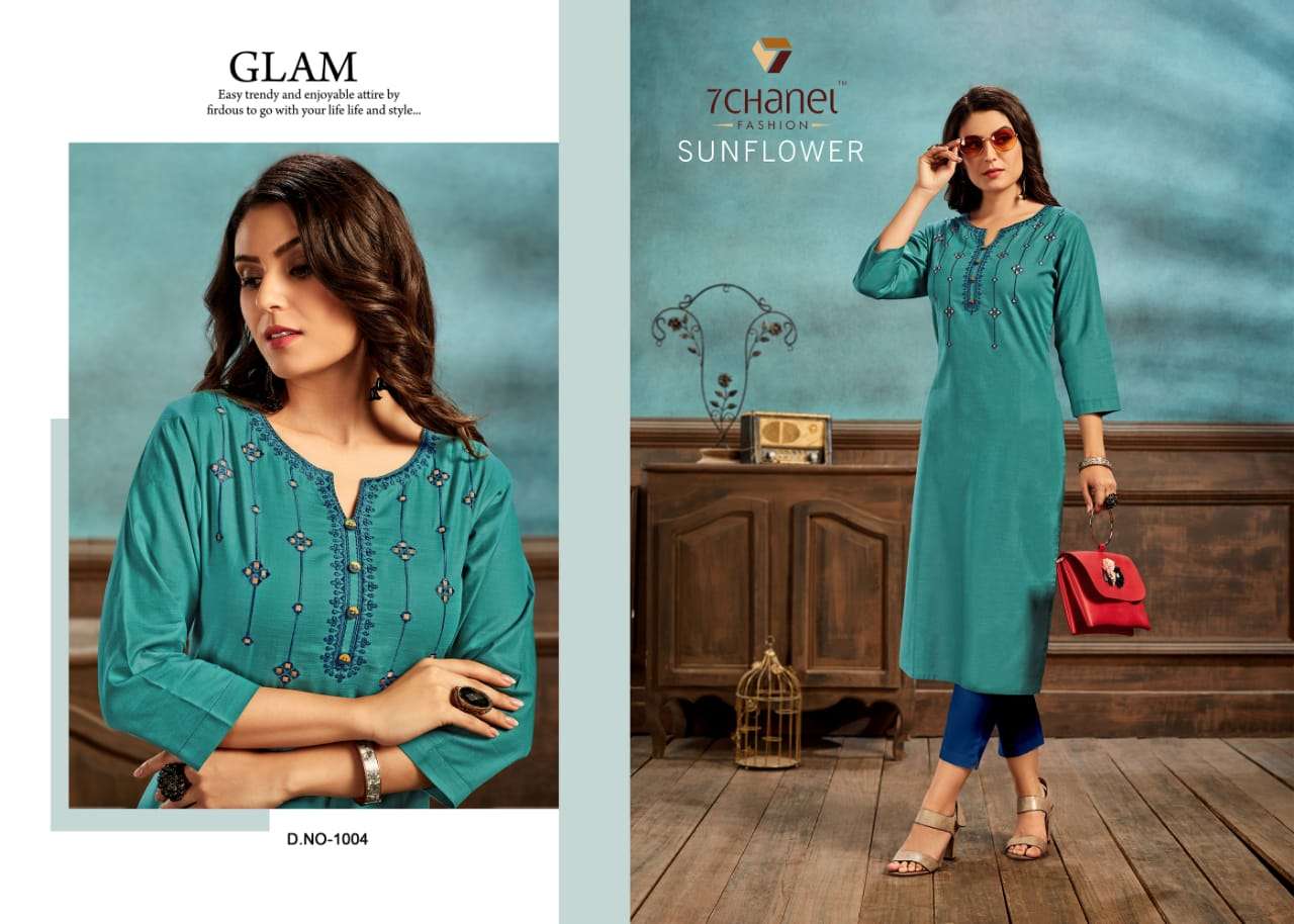 SUNFLOWER BY 7 CHANEL 1001 TO 1006 SERIES BEAUTIFUL STYLISH FANCY COLORFUL CASUAL WEAR & ETHNIC WEAR COTTON EMBROIDERED KURTIS AT WHOLESALE PRICE