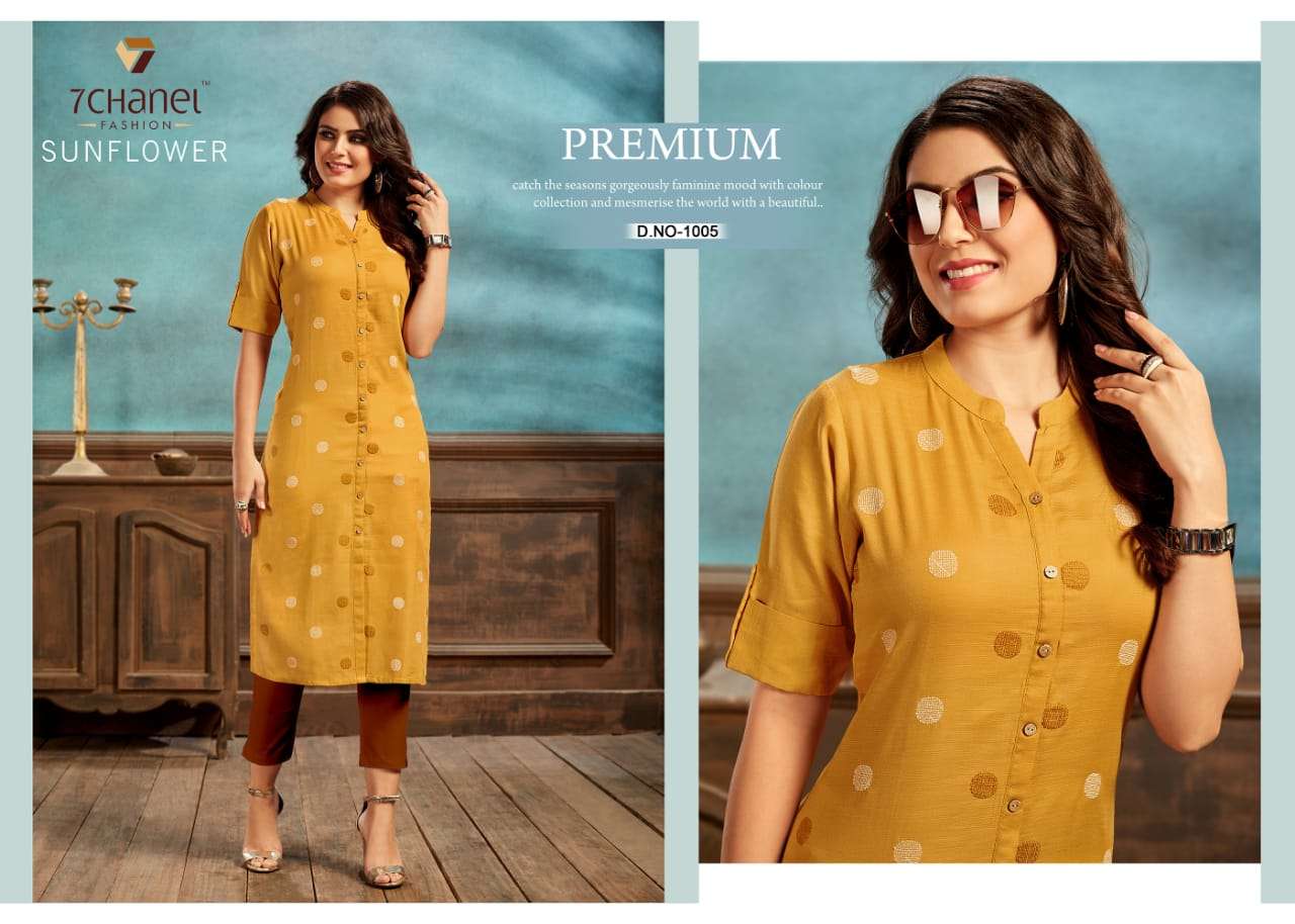 SUNFLOWER BY 7 CHANEL 1001 TO 1006 SERIES BEAUTIFUL STYLISH FANCY COLORFUL CASUAL WEAR & ETHNIC WEAR COTTON EMBROIDERED KURTIS AT WHOLESALE PRICE
