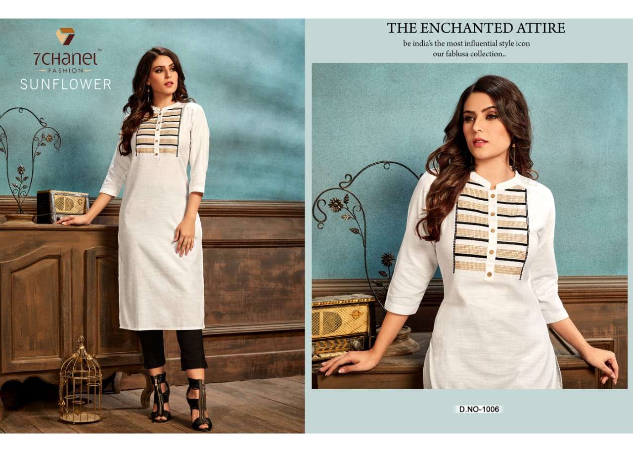 SUNFLOWER BY 7 CHANEL 1001 TO 1006 SERIES BEAUTIFUL STYLISH FANCY COLORFUL CASUAL WEAR & ETHNIC WEAR COTTON EMBROIDERED KURTIS AT WHOLESALE PRICE