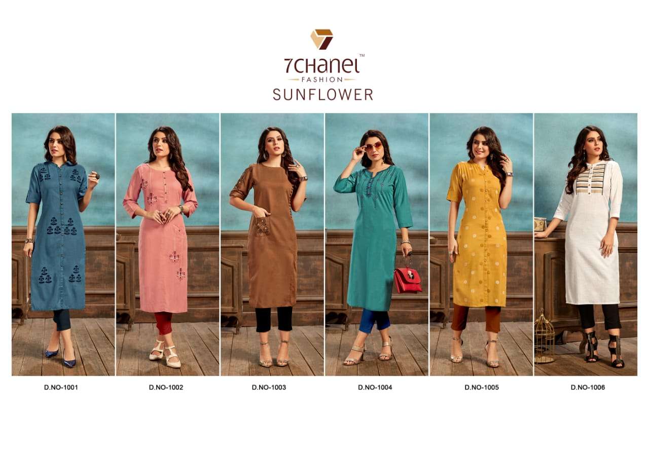 SUNFLOWER BY 7 CHANEL 1001 TO 1006 SERIES BEAUTIFUL STYLISH FANCY COLORFUL CASUAL WEAR & ETHNIC WEAR COTTON EMBROIDERED KURTIS AT WHOLESALE PRICE