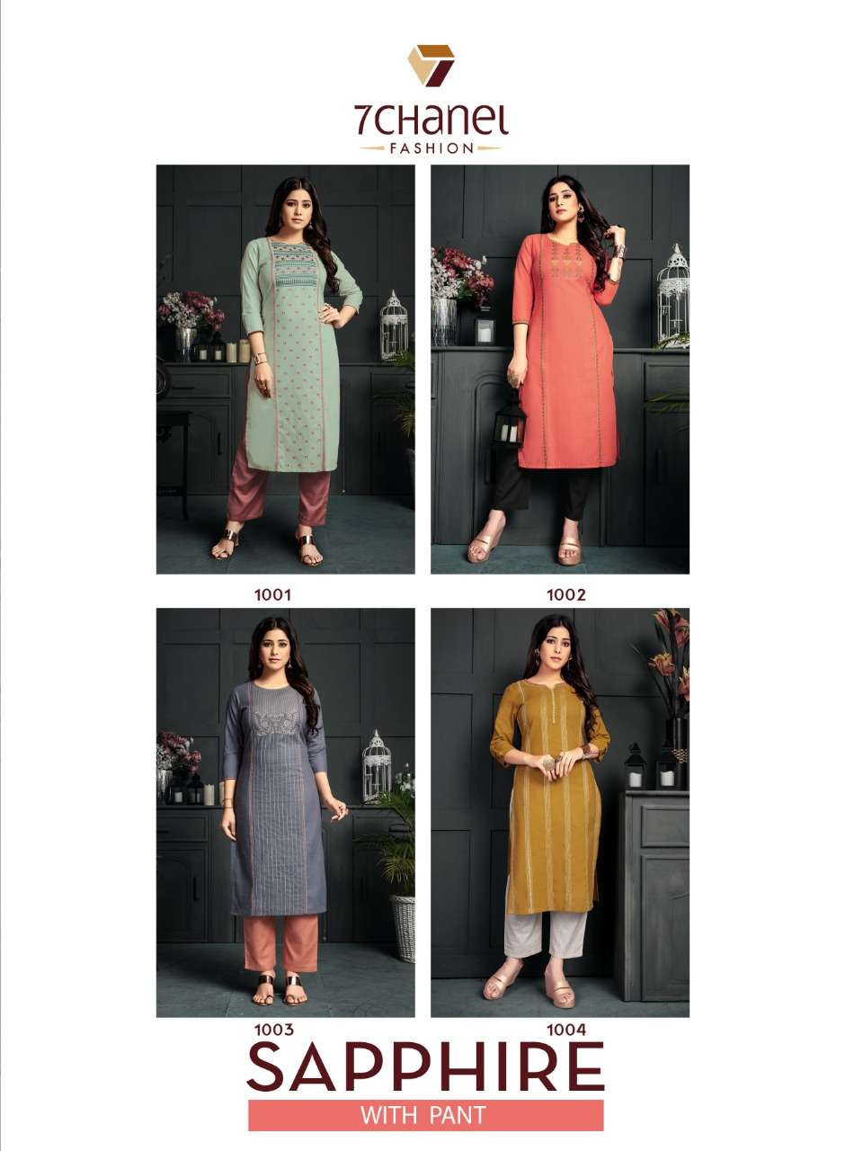 SAPPHIRE WITH PANT BY 7 CHANEL 1001 TO 1004 SERIES BEAUTIFUL STYLISH FANCY COLORFUL CASUAL WEAR & ETHNIC WEAR PURE COTTON PRINTED KURTIS AT WHOLESALE PRICE