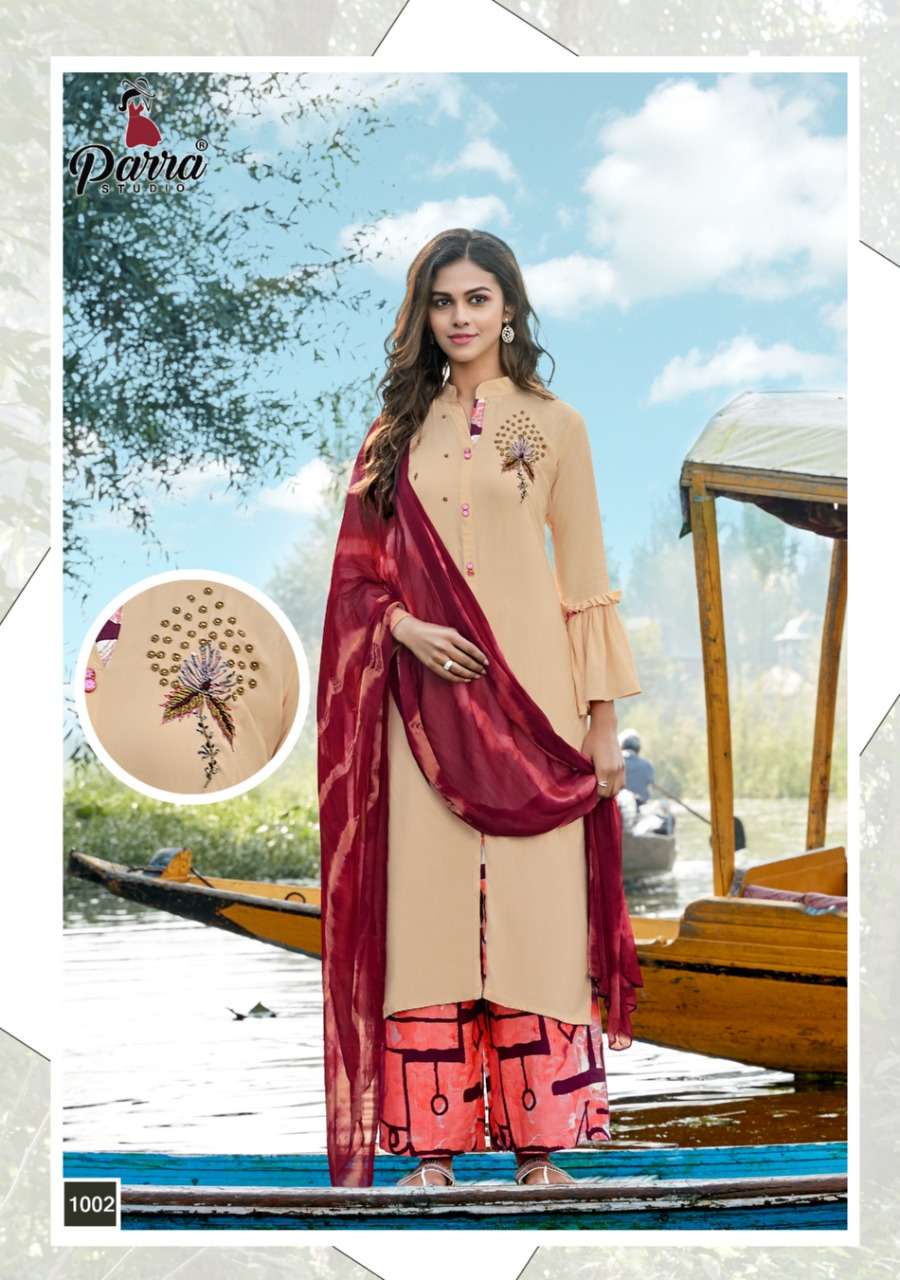 SHIPRA BY PARRA STUDIO 1001 TO 1009 SERIES BEAUTIFUL SUITS STYLISH FANCY COLORFUL CASUAL WEAR & ETHNIC WEAR RAYON SLUB 14KG PRINTED DRESSES AT WHOLESALE PRICE