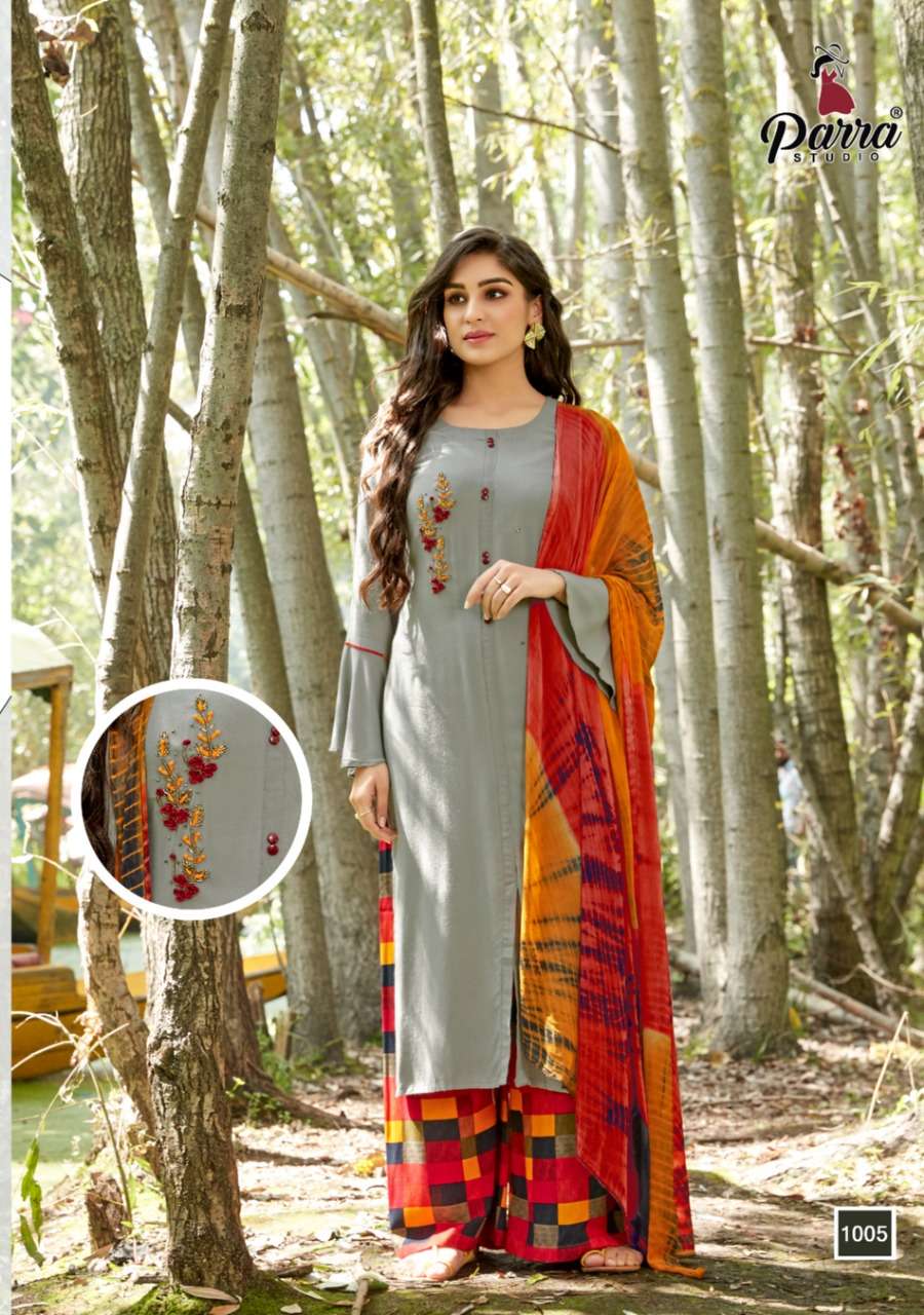 SHIPRA BY PARRA STUDIO 1001 TO 1009 SERIES BEAUTIFUL SUITS STYLISH FANCY COLORFUL CASUAL WEAR & ETHNIC WEAR RAYON SLUB 14KG PRINTED DRESSES AT WHOLESALE PRICE