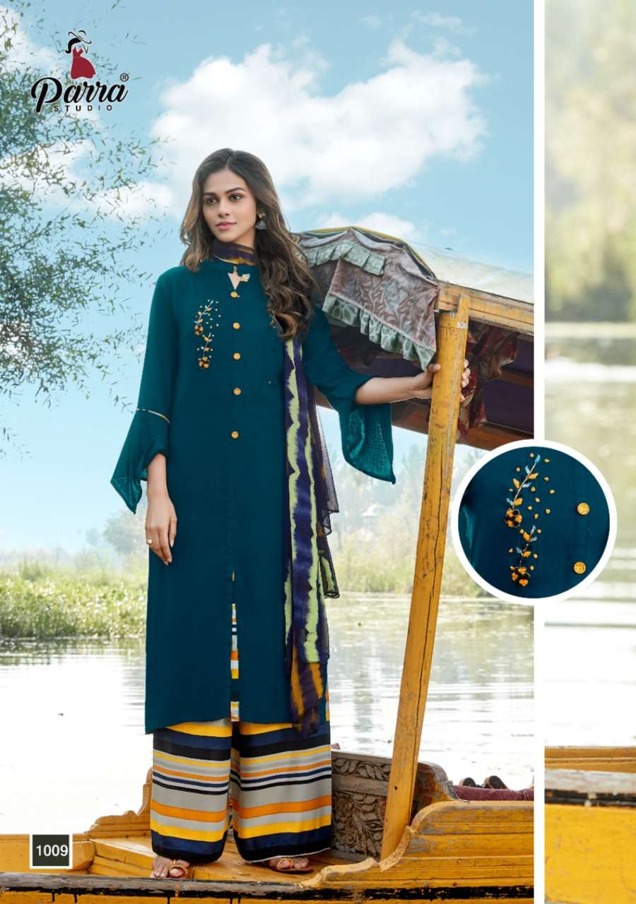 SHIPRA BY PARRA STUDIO 1001 TO 1009 SERIES BEAUTIFUL SUITS STYLISH FANCY COLORFUL CASUAL WEAR & ETHNIC WEAR RAYON SLUB 14KG PRINTED DRESSES AT WHOLESALE PRICE