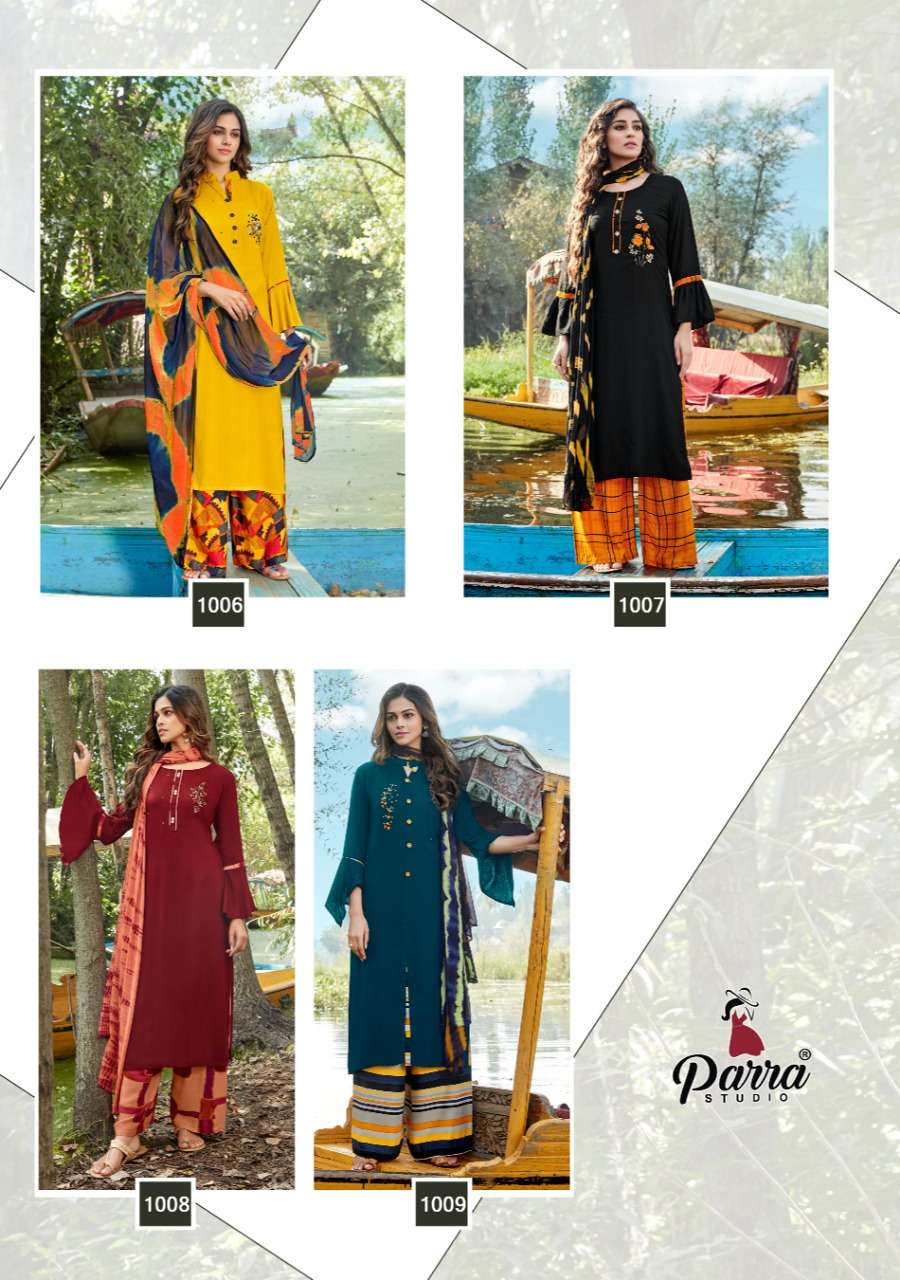 SHIPRA BY PARRA STUDIO 1001 TO 1009 SERIES BEAUTIFUL SUITS STYLISH FANCY COLORFUL CASUAL WEAR & ETHNIC WEAR RAYON SLUB 14KG PRINTED DRESSES AT WHOLESALE PRICE