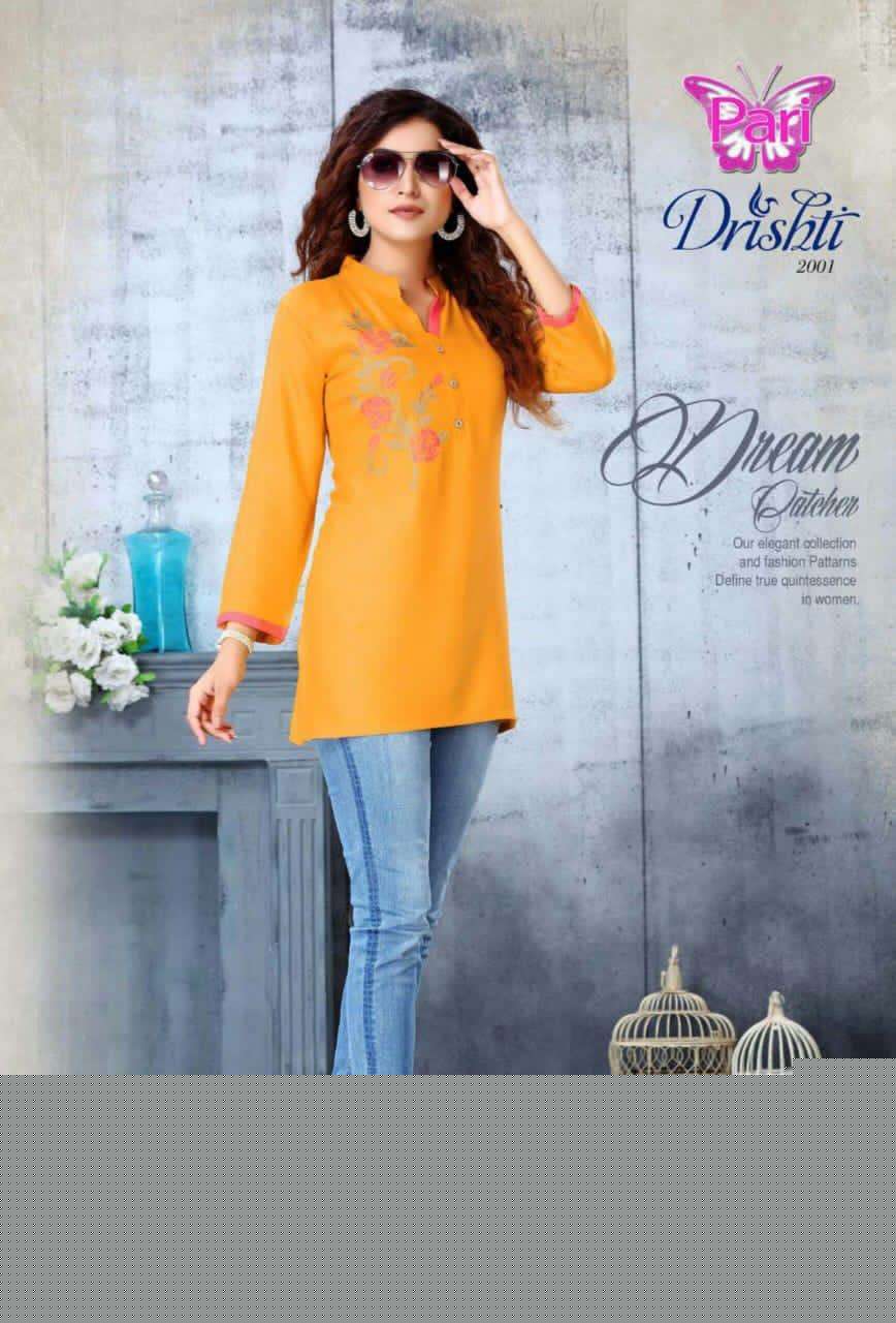 DRISHTI VOL-2 BY PARI 1001 TO 1008 SERIES BEAUTIFUL STYLISH FANCY COLORFUL CASUAL WEAR & ETHNIC WEAR RAYON TWILL 18 KG PRINTED KURTIS AT WHOLESALE PRICE