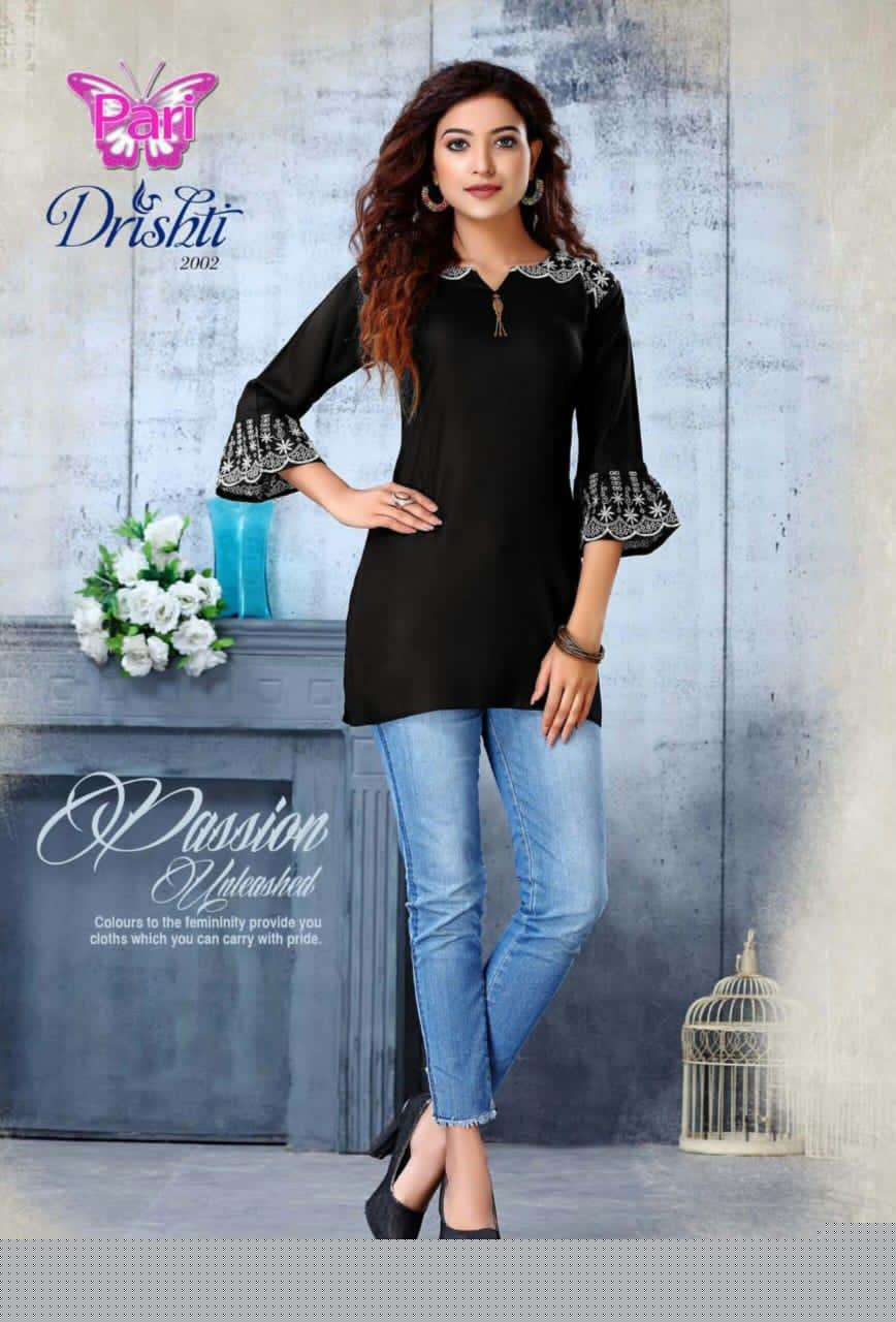 DRISHTI VOL-2 BY PARI 1001 TO 1008 SERIES BEAUTIFUL STYLISH FANCY COLORFUL CASUAL WEAR & ETHNIC WEAR RAYON TWILL 18 KG PRINTED KURTIS AT WHOLESALE PRICE