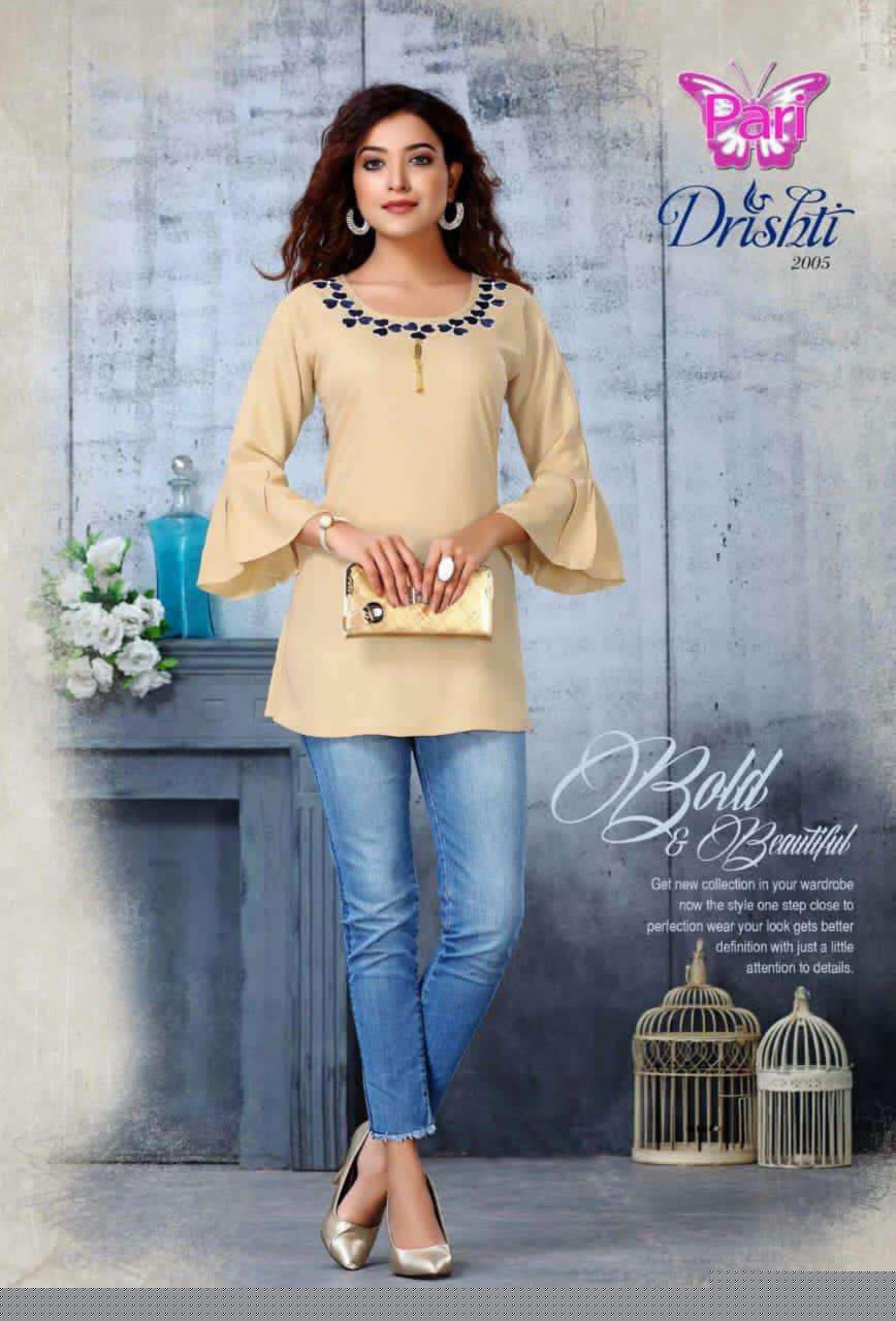 DRISHTI VOL-2 BY PARI 1001 TO 1008 SERIES BEAUTIFUL STYLISH FANCY COLORFUL CASUAL WEAR & ETHNIC WEAR RAYON TWILL 18 KG PRINTED KURTIS AT WHOLESALE PRICE