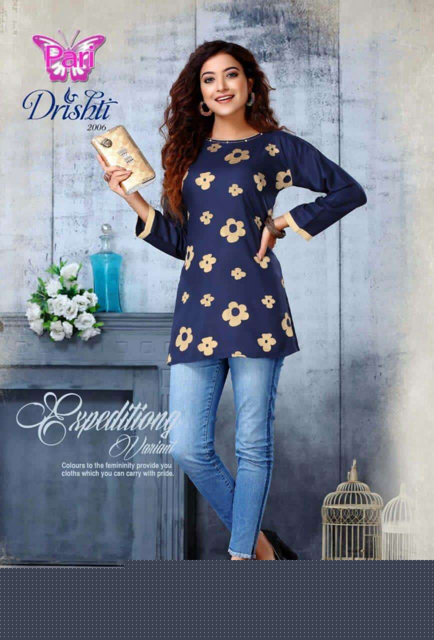 DRISHTI VOL-2 BY PARI 1001 TO 1008 SERIES BEAUTIFUL STYLISH FANCY COLORFUL CASUAL WEAR & ETHNIC WEAR RAYON TWILL 18 KG PRINTED KURTIS AT WHOLESALE PRICE