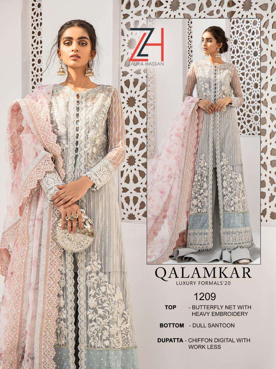QALAMKAR BY ZAURA HASSAN 1208 TO 1209 SERIES DESIGNER FESTIVE SUITS COLLECTION BEAUTIFUL STYLISH FANCY COLORFUL PARTY WEAR & OCCASIONAL WEAR BUTTERFLY NET WITH EMBROIDERED DRESSES AT WHOLESALE PRICE