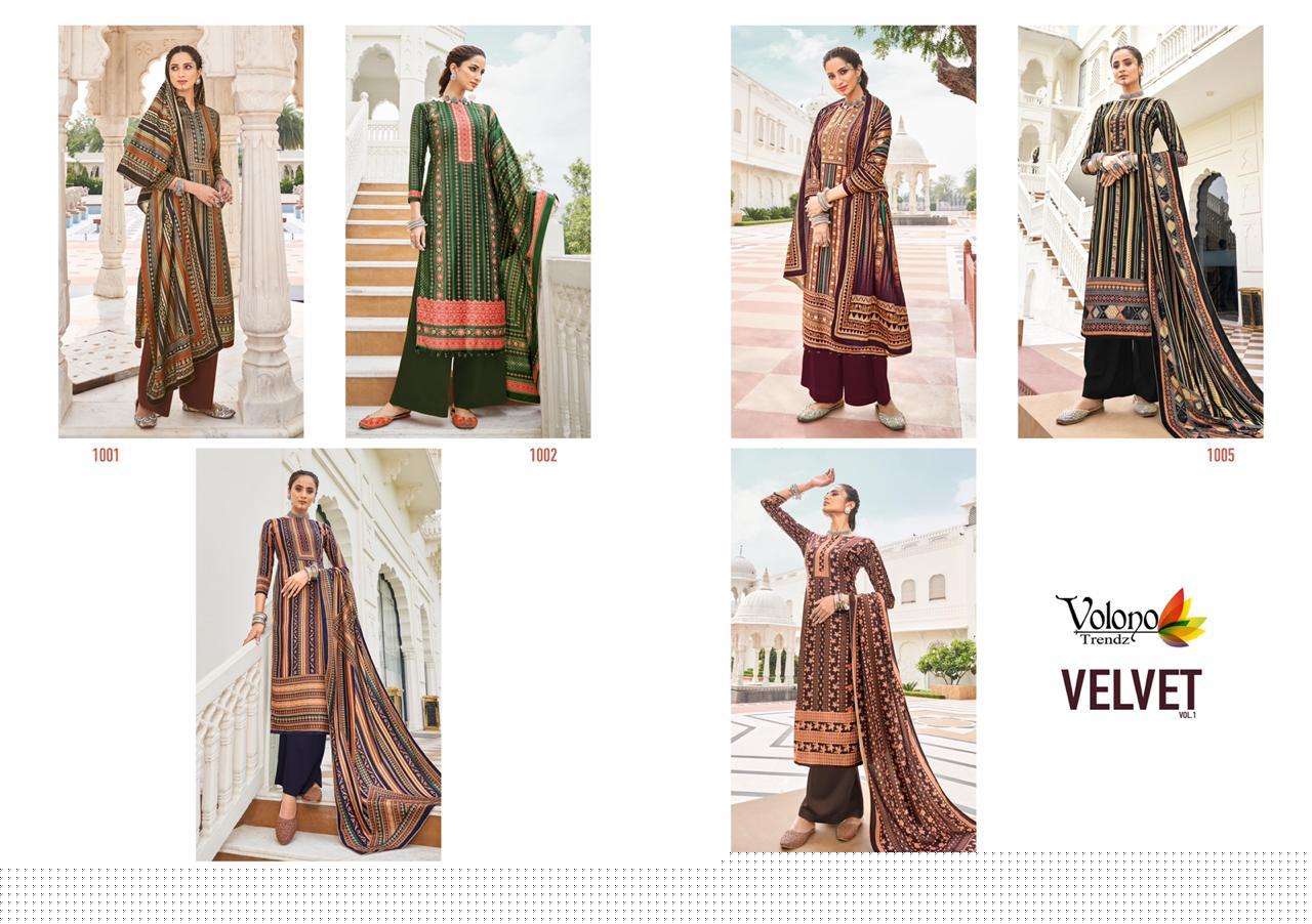VELVET BY VOLONO TRENDZ 1001 TO 1006 SERIES BEAUTIFUL SUITS STYLISH COLORFUL FANCY CASUAL WEAR & ETHNIC WEAR 9000 VELVET DIGITAL PRINTED DRESSES AT WHOLESALE PRICE
