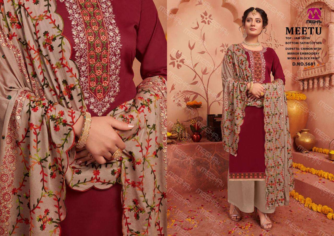 MEETU BY MEGHALI SUITS 5679 TO 5684 SERIES BEAUTIFUL SUITS STYLISH COLORFUL FANCY CASUAL WEAR & ETHNIC WEAR JAM SATIN WITH EMBROIDERY DRESSES AT WHOLESALE PRICE