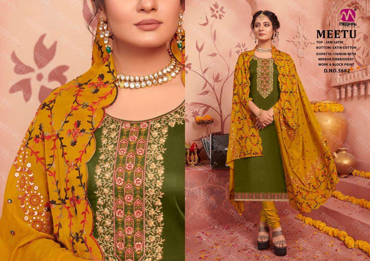MEETU BY MEGHALI SUITS 5679 TO 5684 SERIES BEAUTIFUL SUITS STYLISH COLORFUL FANCY CASUAL WEAR & ETHNIC WEAR JAM SATIN WITH EMBROIDERY DRESSES AT WHOLESALE PRICE