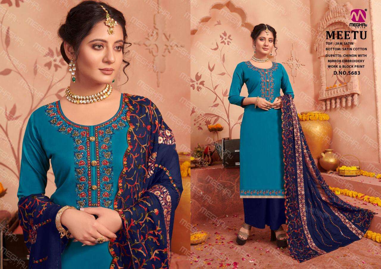 MEETU BY MEGHALI SUITS 5679 TO 5684 SERIES BEAUTIFUL SUITS STYLISH COLORFUL FANCY CASUAL WEAR & ETHNIC WEAR JAM SATIN WITH EMBROIDERY DRESSES AT WHOLESALE PRICE