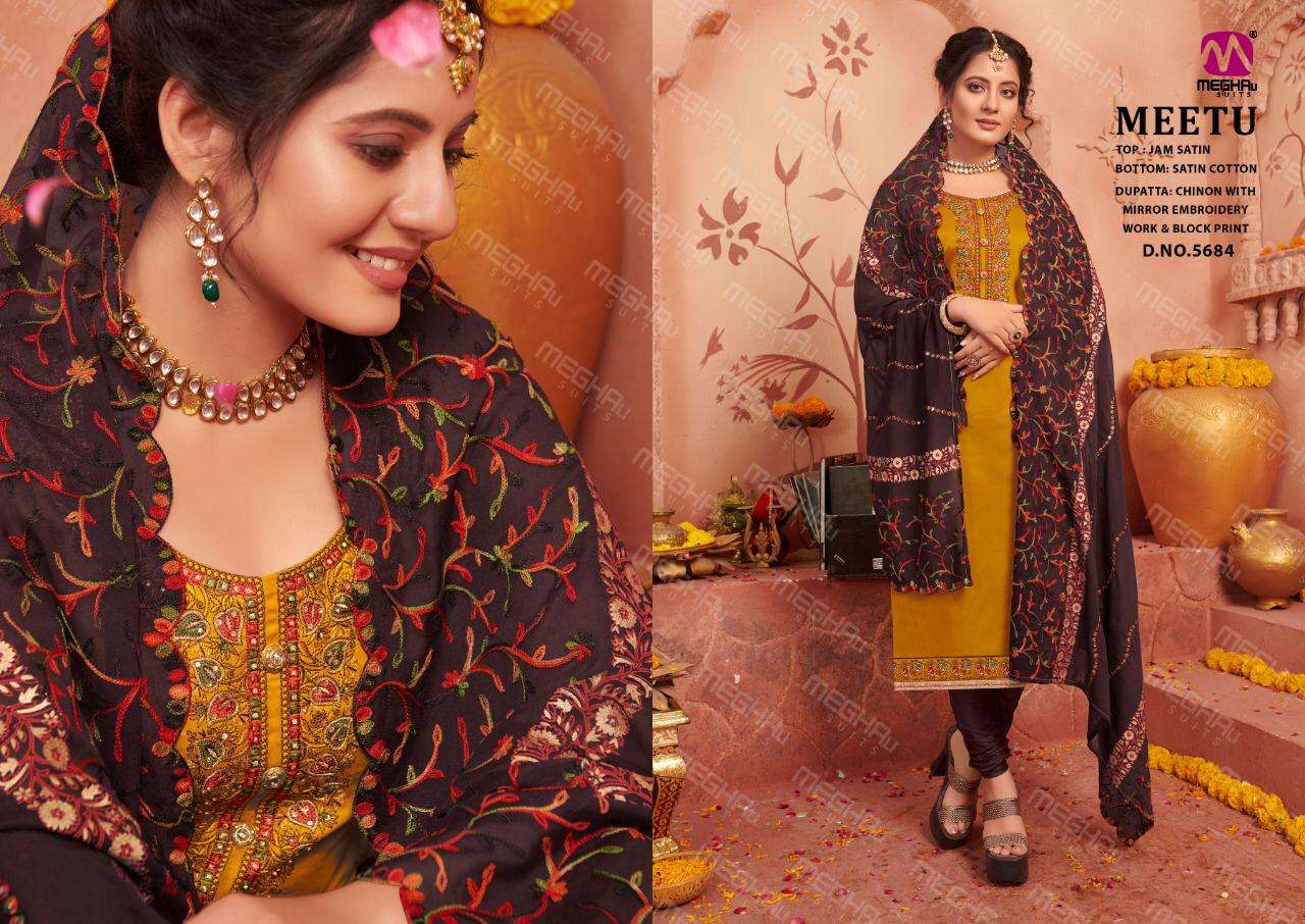 MEETU BY MEGHALI SUITS 5679 TO 5684 SERIES BEAUTIFUL SUITS STYLISH COLORFUL FANCY CASUAL WEAR & ETHNIC WEAR JAM SATIN WITH EMBROIDERY DRESSES AT WHOLESALE PRICE