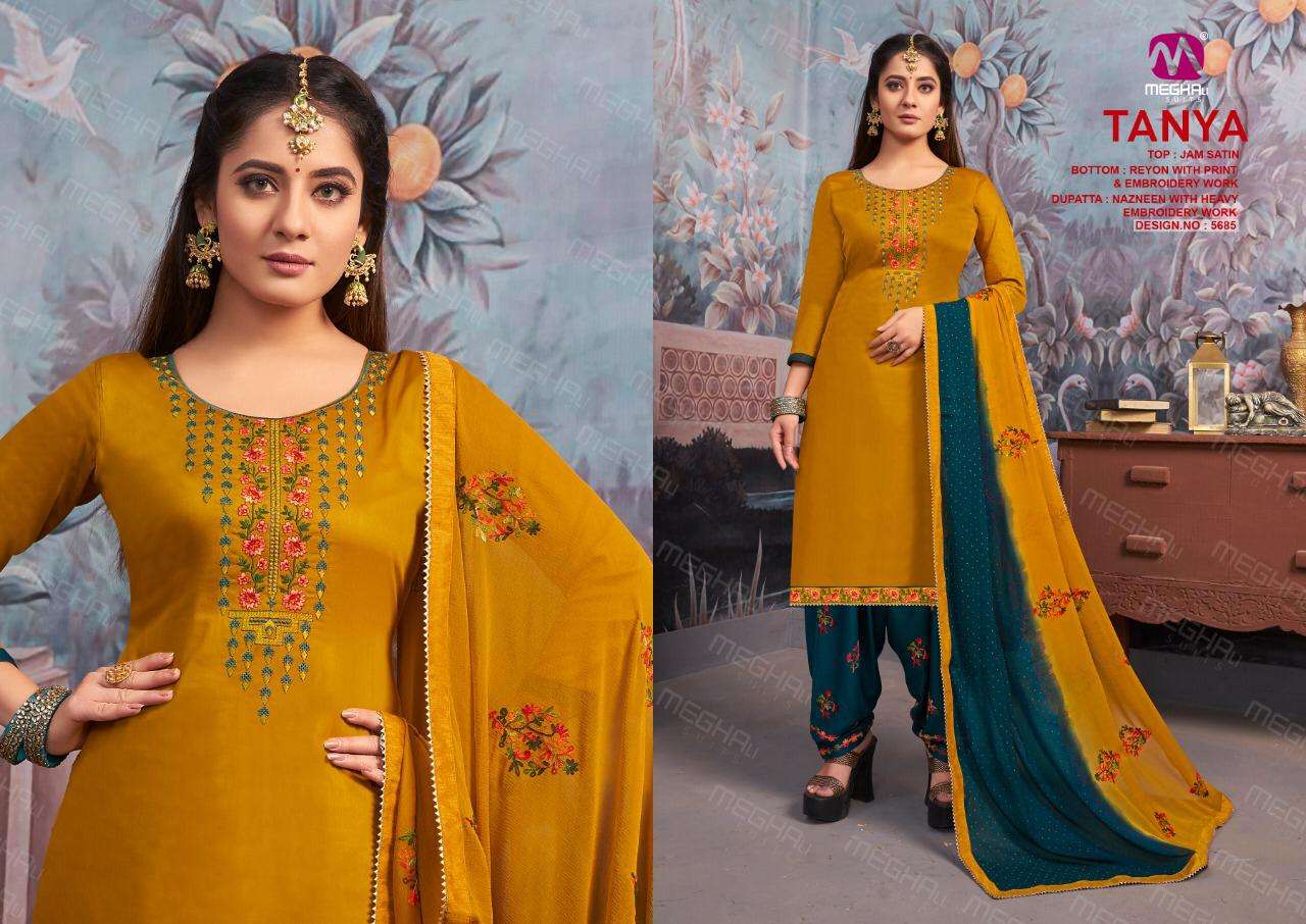 TANYA BY MEGHALI SUITS 5685 TO 5690 SERIES BEAUTIFUL SUITS STYLISH COLORFUL FANCY CASUAL WEAR & ETHNIC WEAR JAM SATIN WITH EMBROIDERY DRESSES AT WHOLESALE PRICE