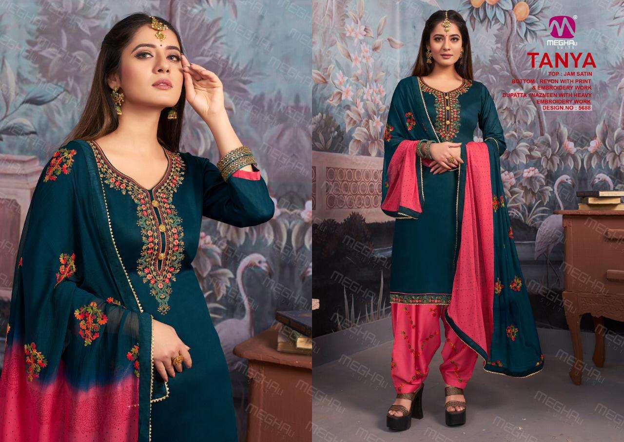TANYA BY MEGHALI SUITS 5685 TO 5690 SERIES BEAUTIFUL SUITS STYLISH COLORFUL FANCY CASUAL WEAR & ETHNIC WEAR JAM SATIN WITH EMBROIDERY DRESSES AT WHOLESALE PRICE