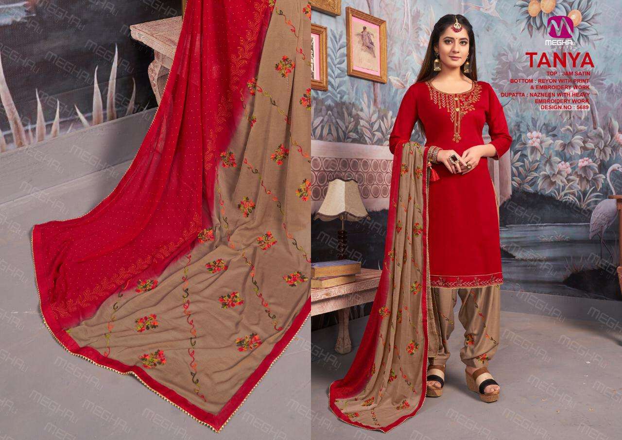 TANYA BY MEGHALI SUITS 5685 TO 5690 SERIES BEAUTIFUL SUITS STYLISH COLORFUL FANCY CASUAL WEAR & ETHNIC WEAR JAM SATIN WITH EMBROIDERY DRESSES AT WHOLESALE PRICE