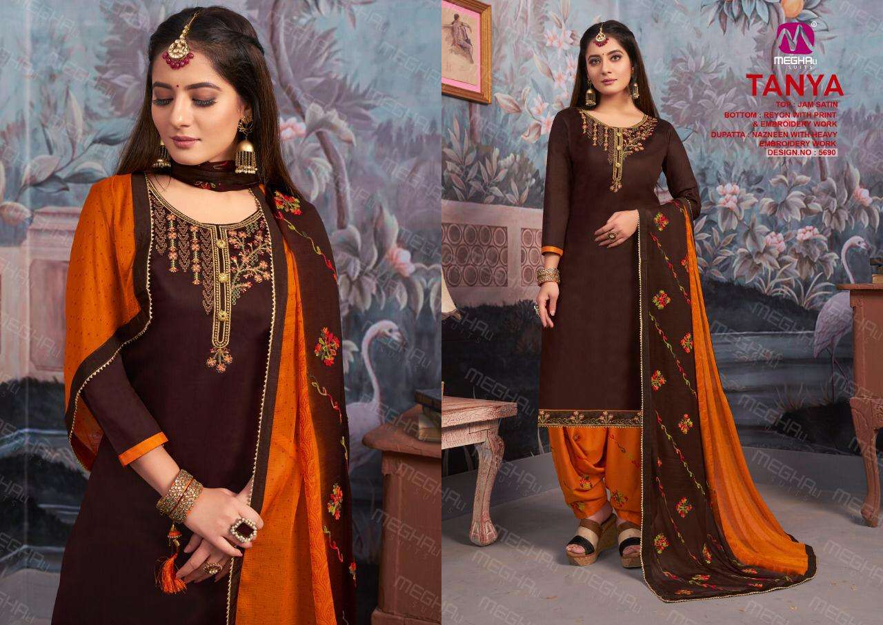 TANYA BY MEGHALI SUITS 5685 TO 5690 SERIES BEAUTIFUL SUITS STYLISH COLORFUL FANCY CASUAL WEAR & ETHNIC WEAR JAM SATIN WITH EMBROIDERY DRESSES AT WHOLESALE PRICE