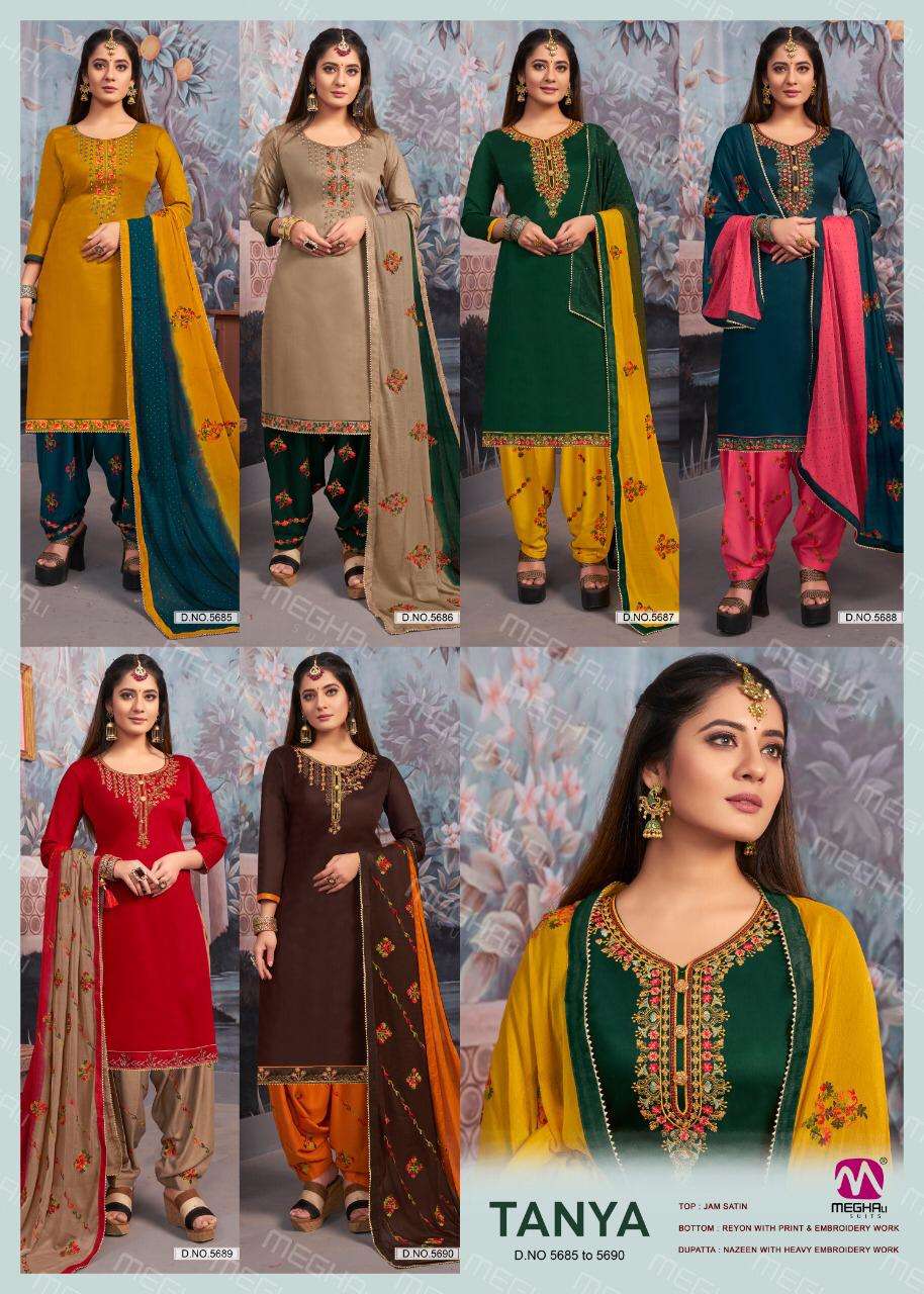 TANYA BY MEGHALI SUITS 5685 TO 5690 SERIES BEAUTIFUL SUITS STYLISH COLORFUL FANCY CASUAL WEAR & ETHNIC WEAR JAM SATIN WITH EMBROIDERY DRESSES AT WHOLESALE PRICE