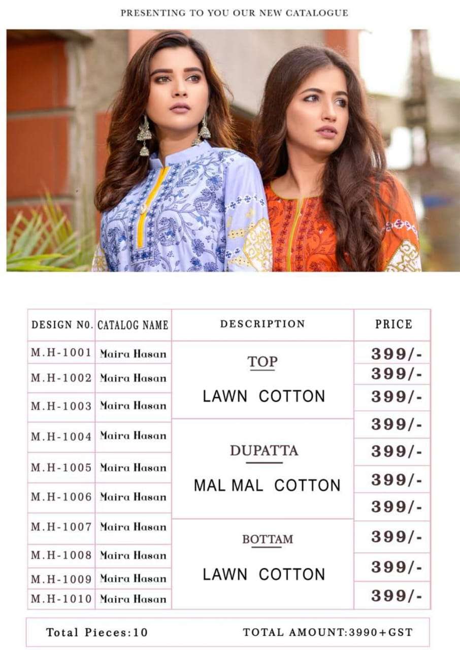 MAIRA HASAN BY MYSOORI 1001 TO 1010 SERIES BEAUTIFUL SUITS STYLISH COLORFUL FANCY CASUAL WEAR & ETHNIC WEAR PURE LAWN COTTON PRINTED DRESSES AT WHOLESALE PRICE