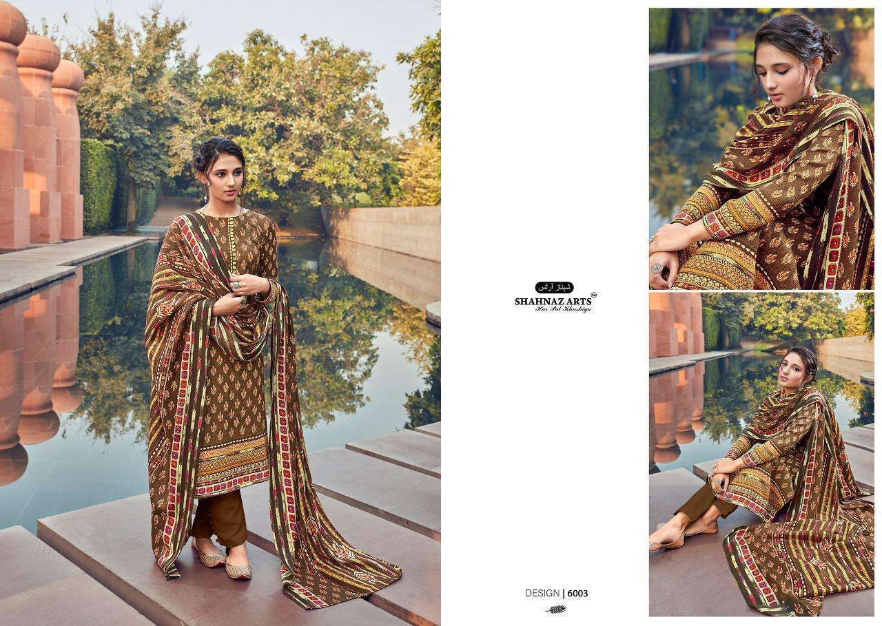 GULSHAN VOL-6 BY SHANAZ ARTS 6001 TO 6006 SERIES BEAUTIFUL SUITS STYLISH FANCY COLORFUL CASUAL WEAR & ETHNIC WEAR PASHMINA PRINTED DRESSES AT WHOLESALE PRICE