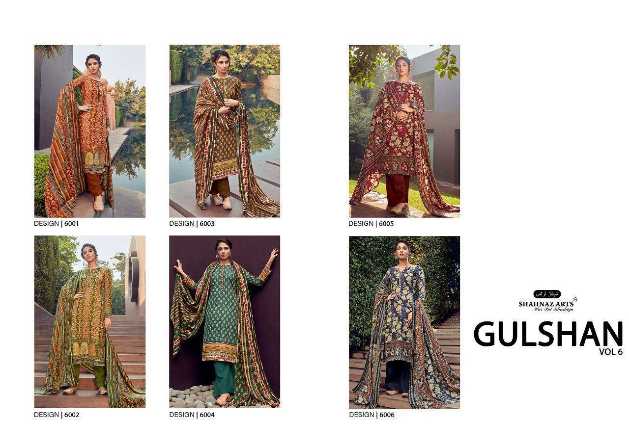 GULSHAN VOL-6 BY SHANAZ ARTS 6001 TO 6006 SERIES BEAUTIFUL SUITS STYLISH FANCY COLORFUL CASUAL WEAR & ETHNIC WEAR PASHMINA PRINTED DRESSES AT WHOLESALE PRICE