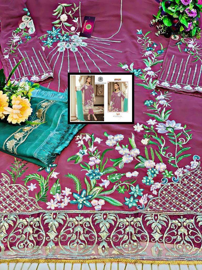 ANUM HIT COLOUR EDITION BY RUMAISHA DESIGNER FESTIVE SUITS COLLECTION BEAUTIFUL STYLISH FANCY COLORFUL PARTY WEAR & OCCASIONAL WEAR HEAVY FAUX GEORGETTE WITH EMBROIDERED DRESSES AT WHOLESALE PRICE