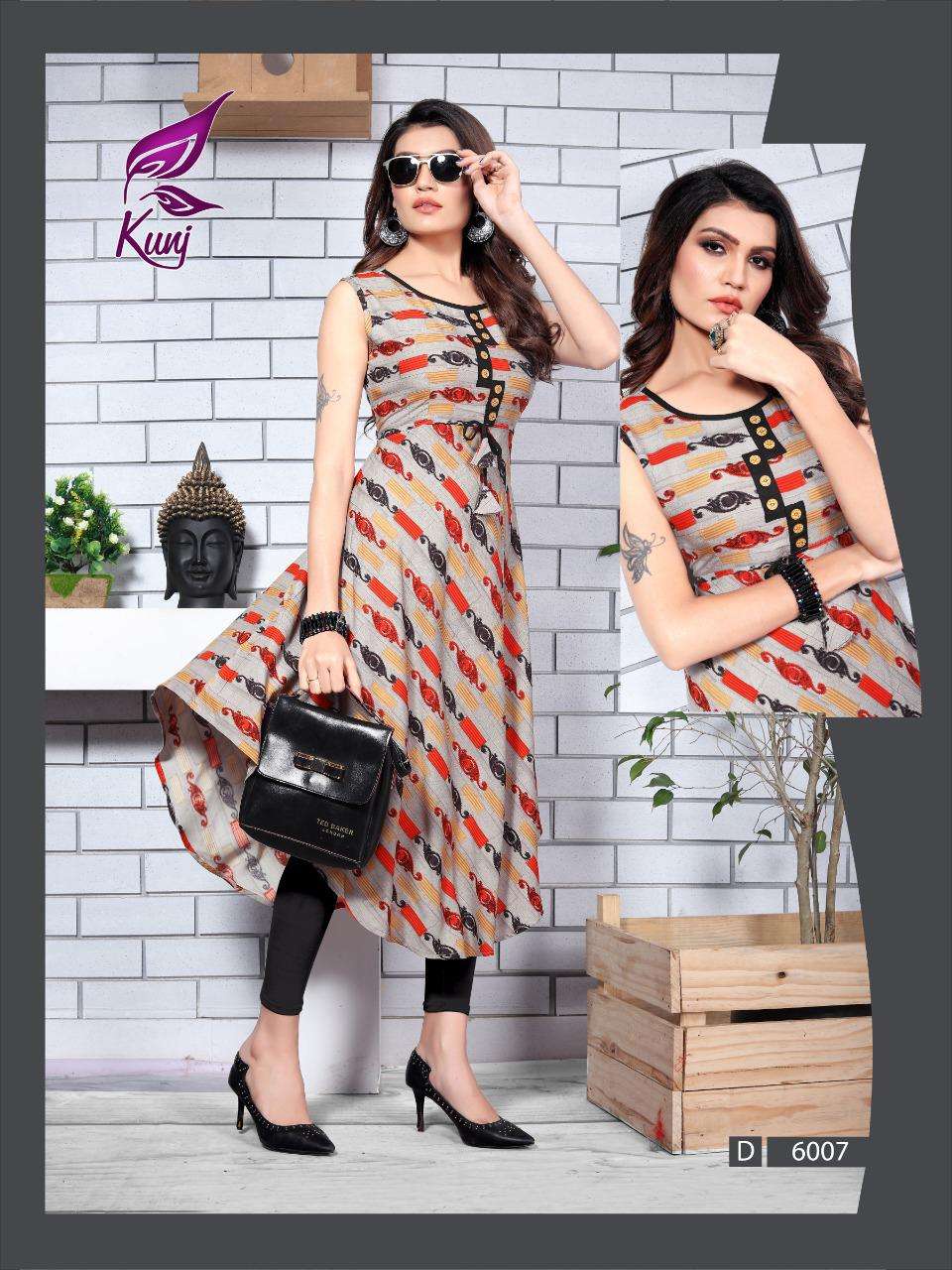 UREB VOL-6 BY KUNJ 6001 TO 6010 SERIES BEAUTIFUL STYLISH COLORFUL FANCY PARTY WEAR & ETHNIC WEAR & READY TO WEAR RAYON 14 KG PRINTED KURTIS AT WHOLESALE PRICE